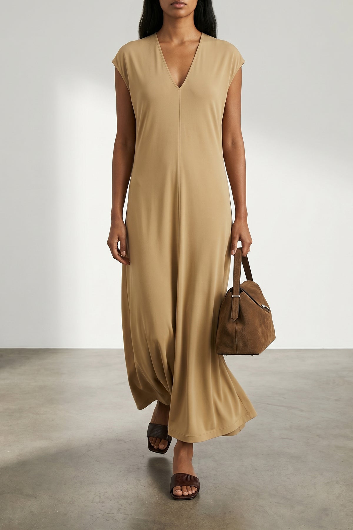 long v-neck sleeveless dress in knitted jersey