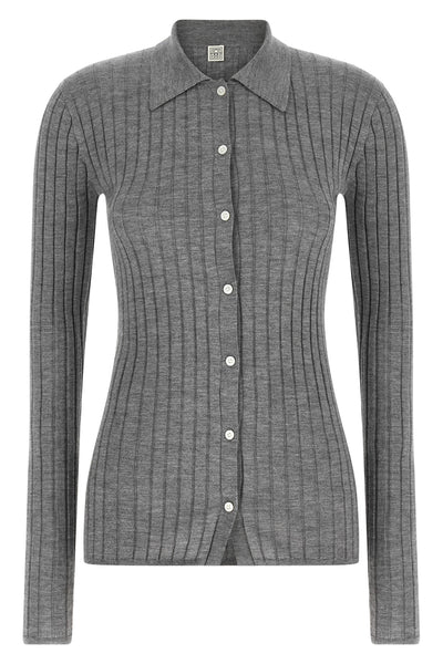 the toteme shirt is distinguished by a rigorous ribbed knit that defines the sil