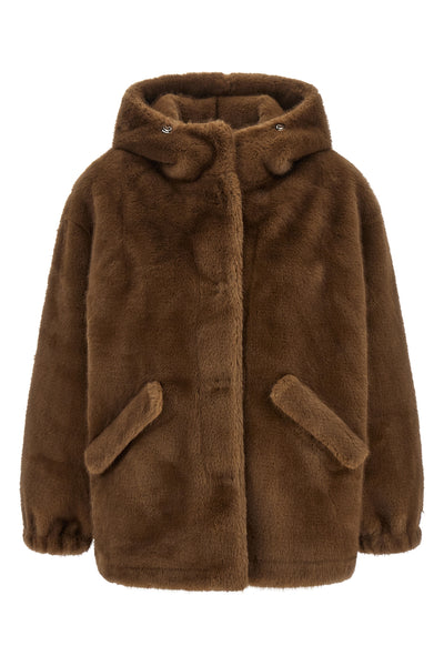 the lou andrea eco-fur hooded jacket features an outerwear construction focused