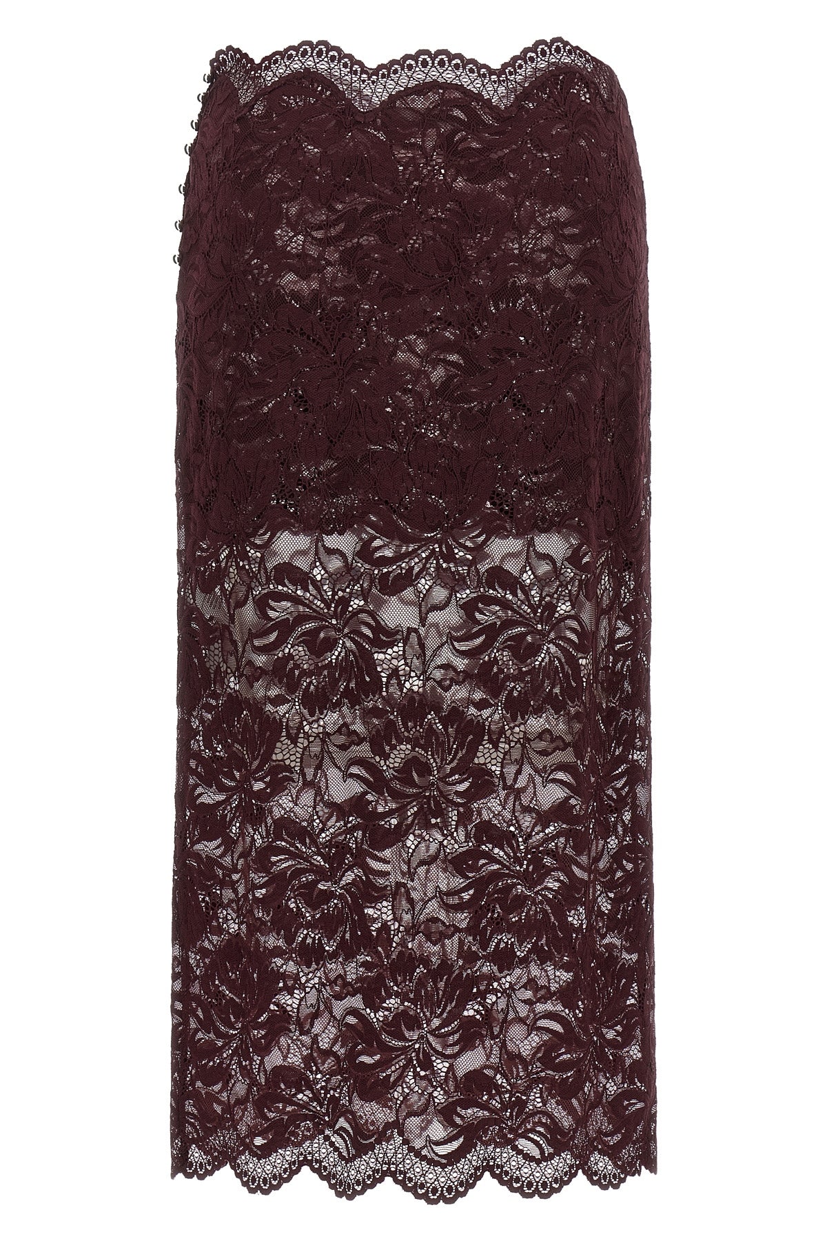 the rabanne midi skirt defines a pencil silhouette through a complex burgundy fl