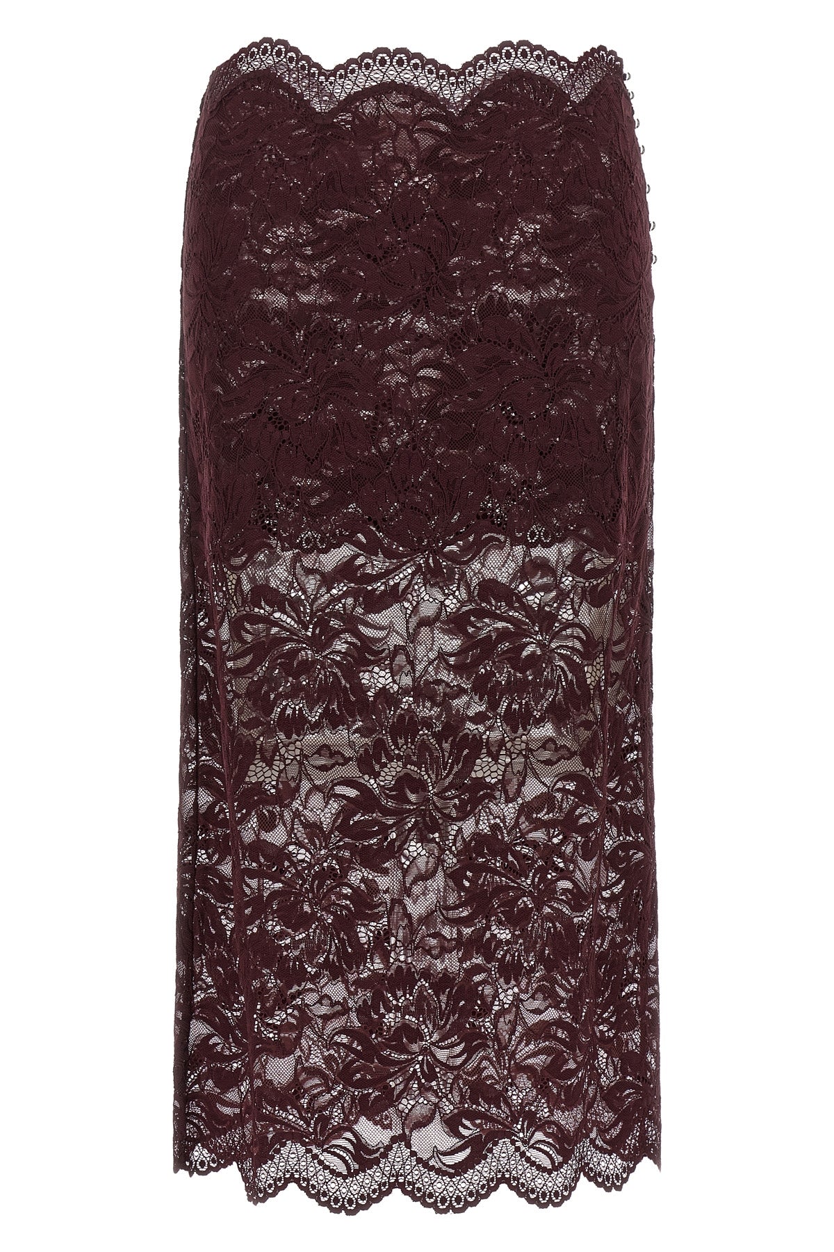 the rabanne midi skirt defines a pencil silhouette through a complex burgundy fl