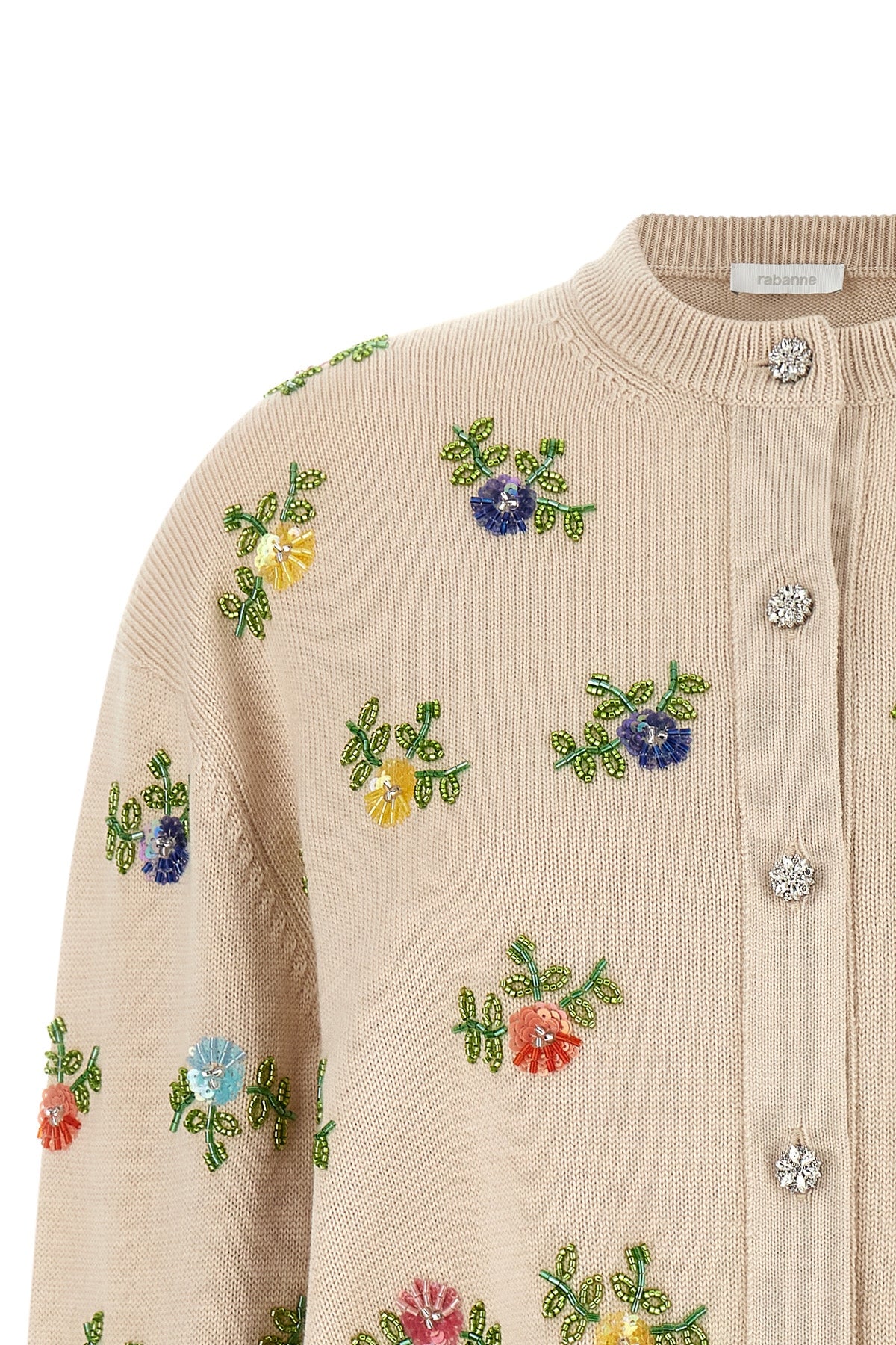the rabanne cardigan in pure beige merino wool is distinguished by meticulous cr