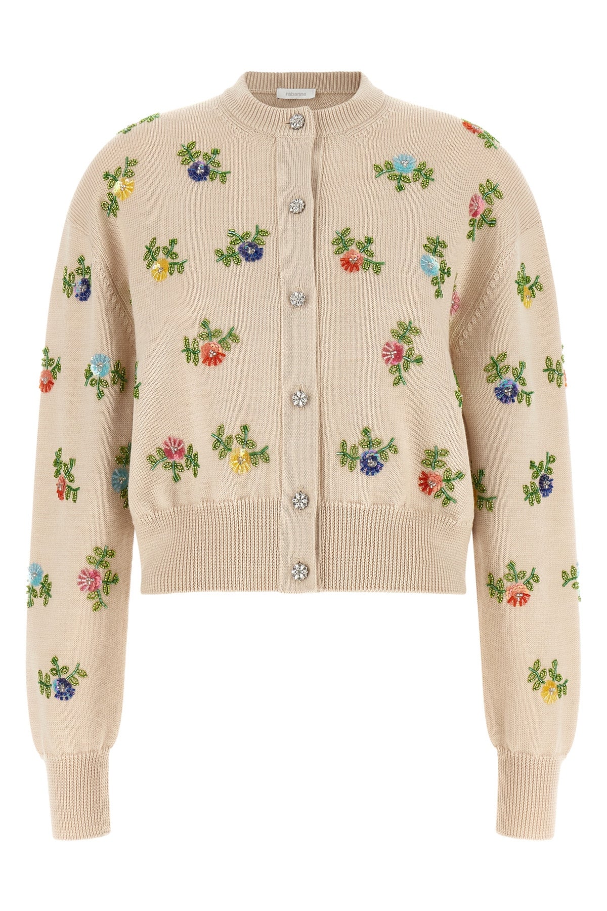 the rabanne cardigan in pure beige merino wool is distinguished by meticulous cr