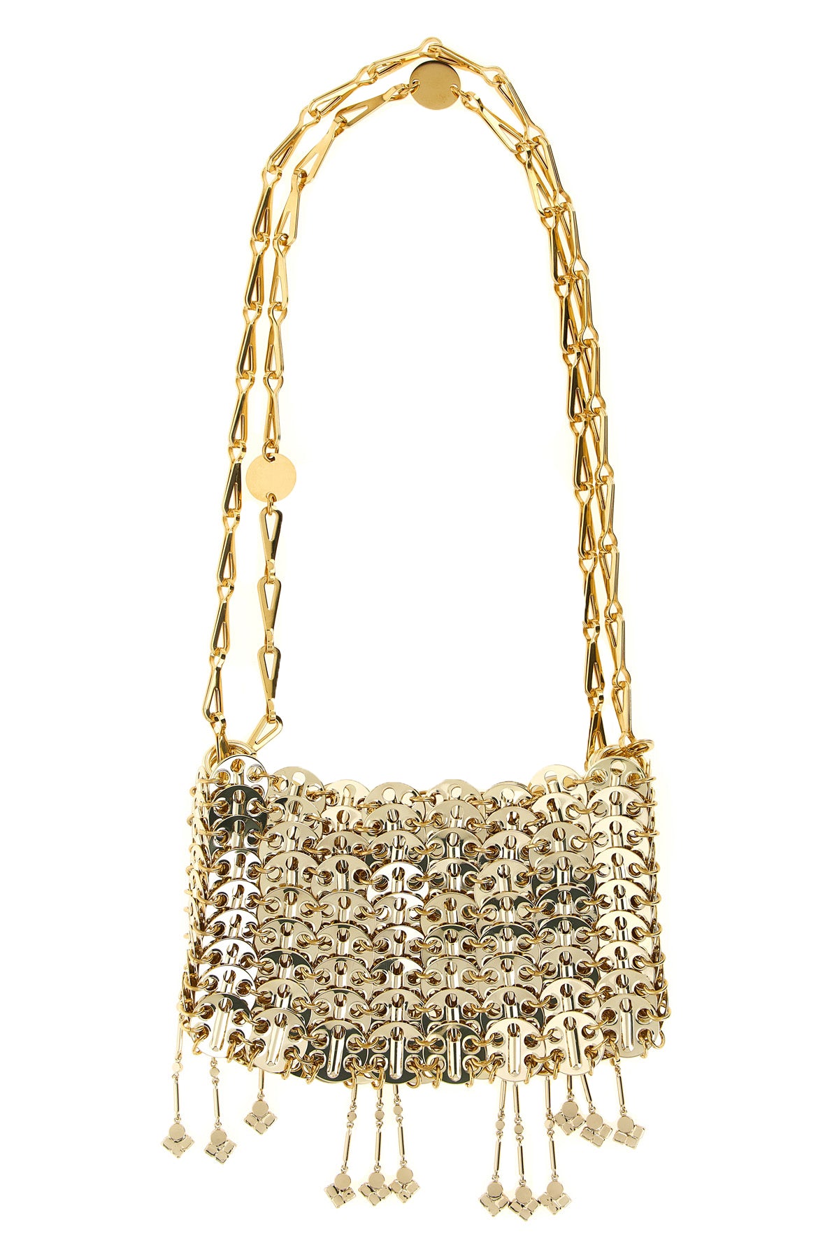 the rabanne 1969 nano shoulder bag is made through an intricate metal mesh const