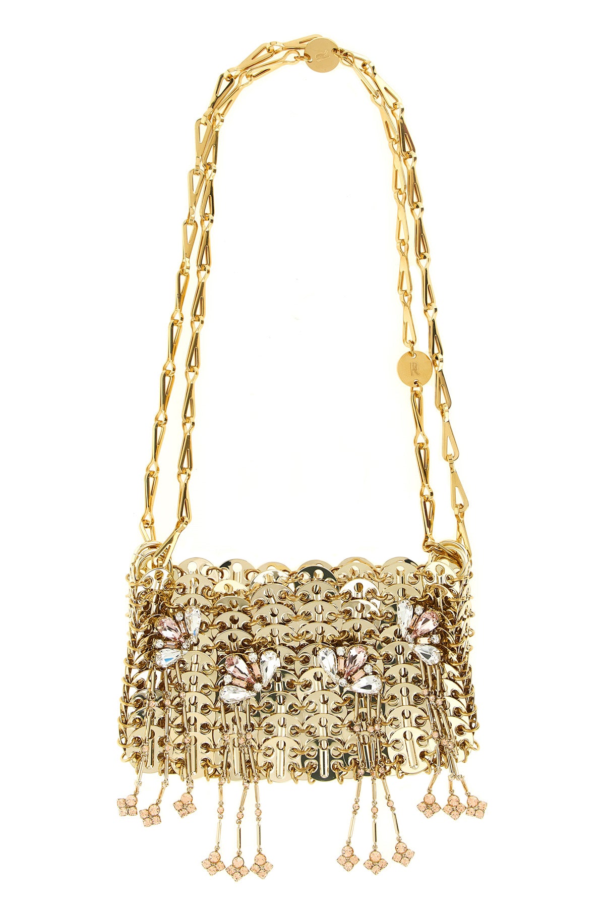 the rabanne 1969 nano shoulder bag is made through an intricate metal mesh const