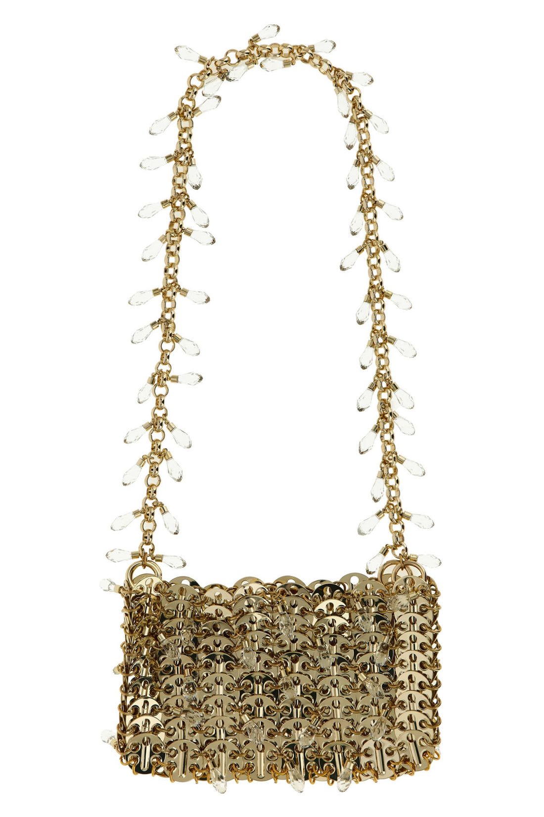 RABANNE OS 1969 nano crystal shoulder bag in metal mesh and front crystal charms