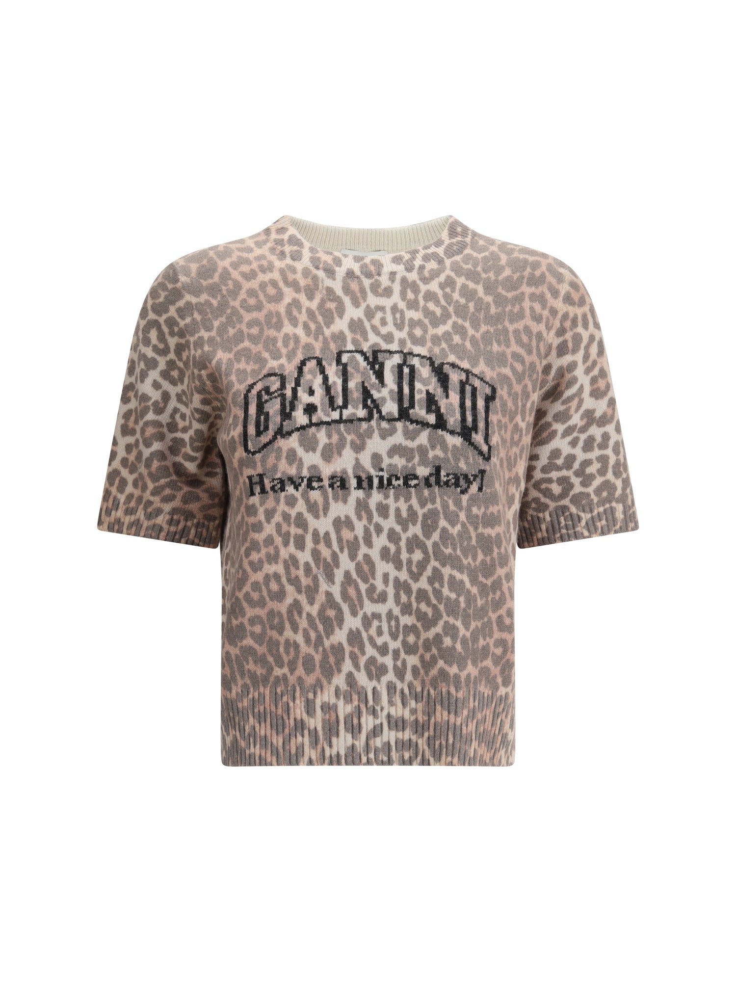 GANNI L leopard print short sleeve sweater