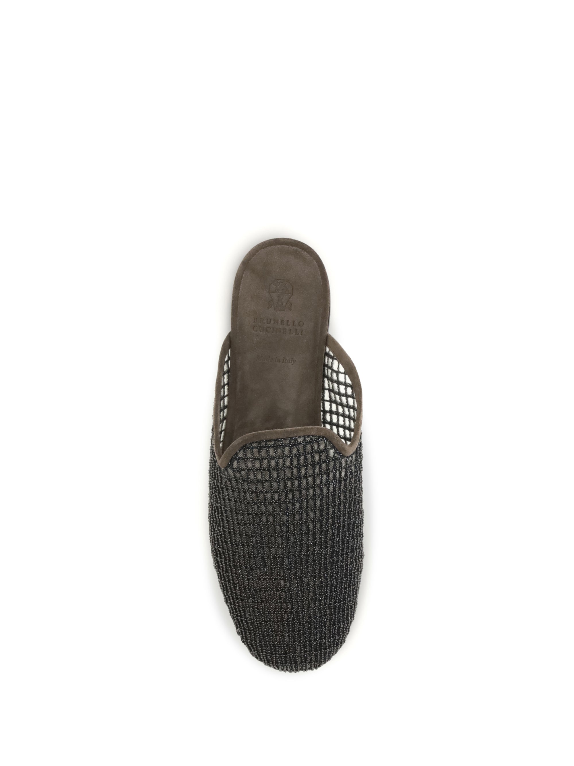 suede mules with precious net embroidery