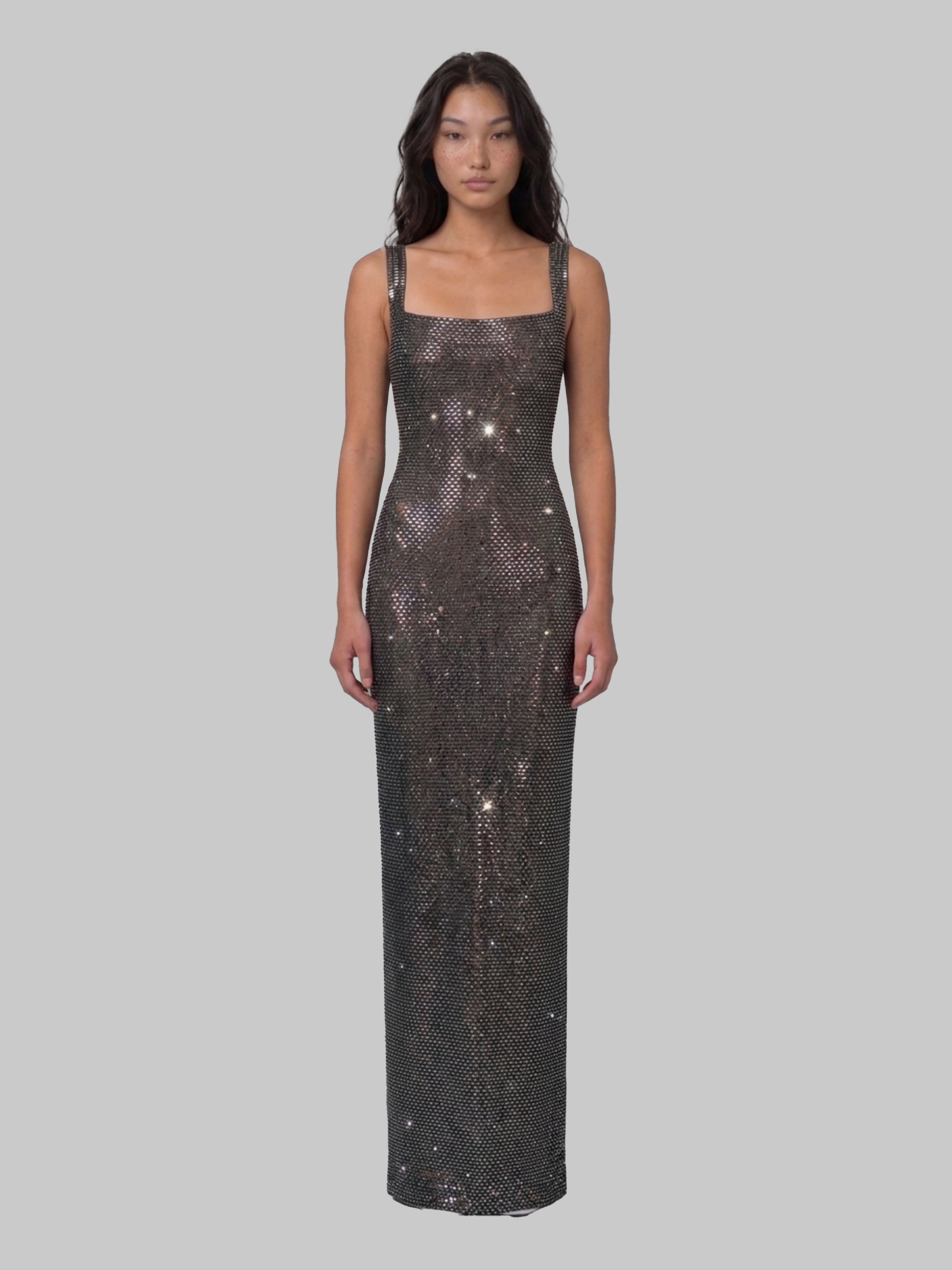 gunmetal square maxi dress with rhinestones