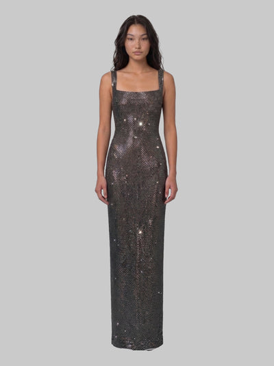 gunmetal square maxi dress with rhinestones