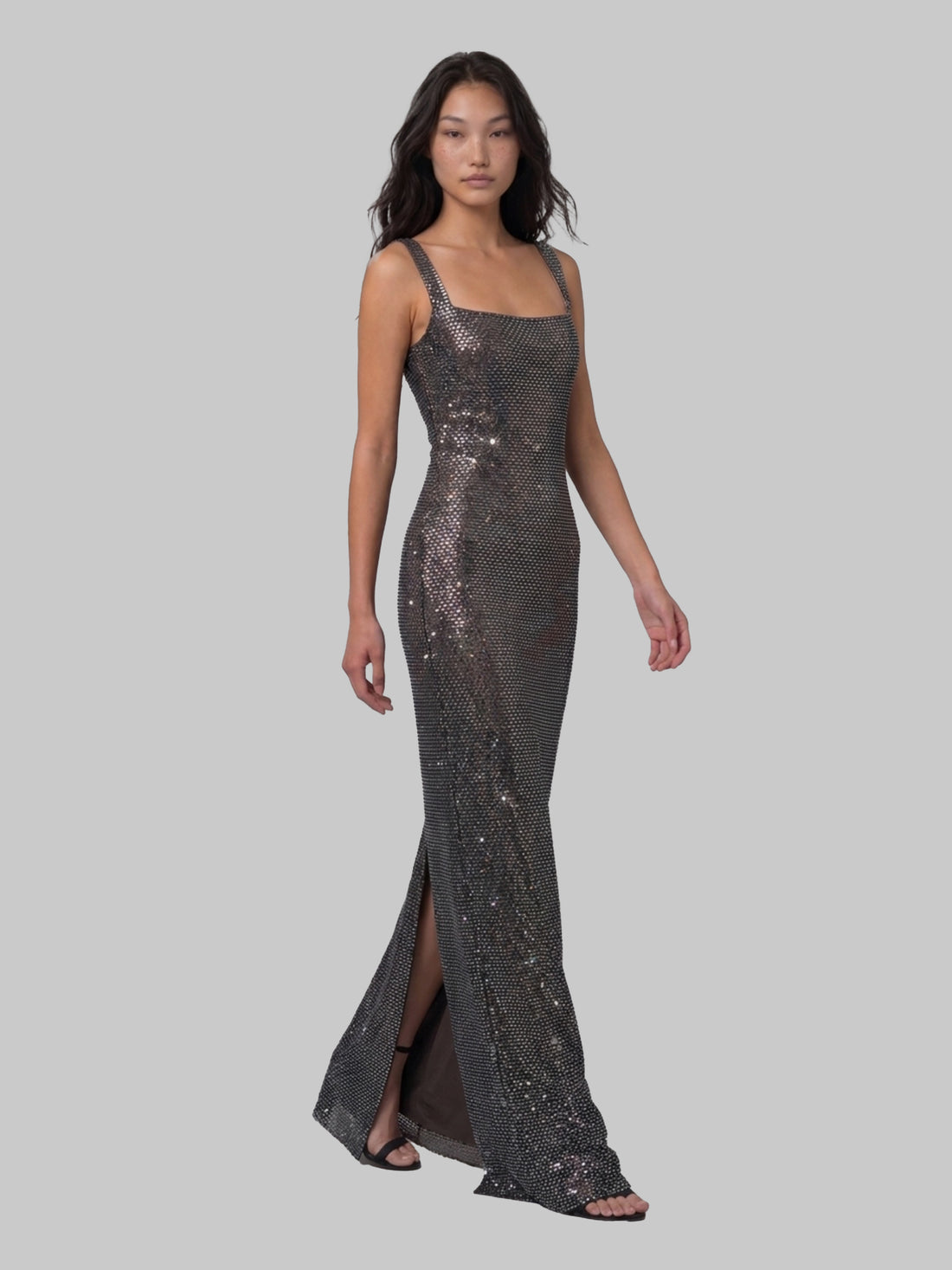 SELF PORTRAIT 6 gunmetal square maxi dress with rhinestones
