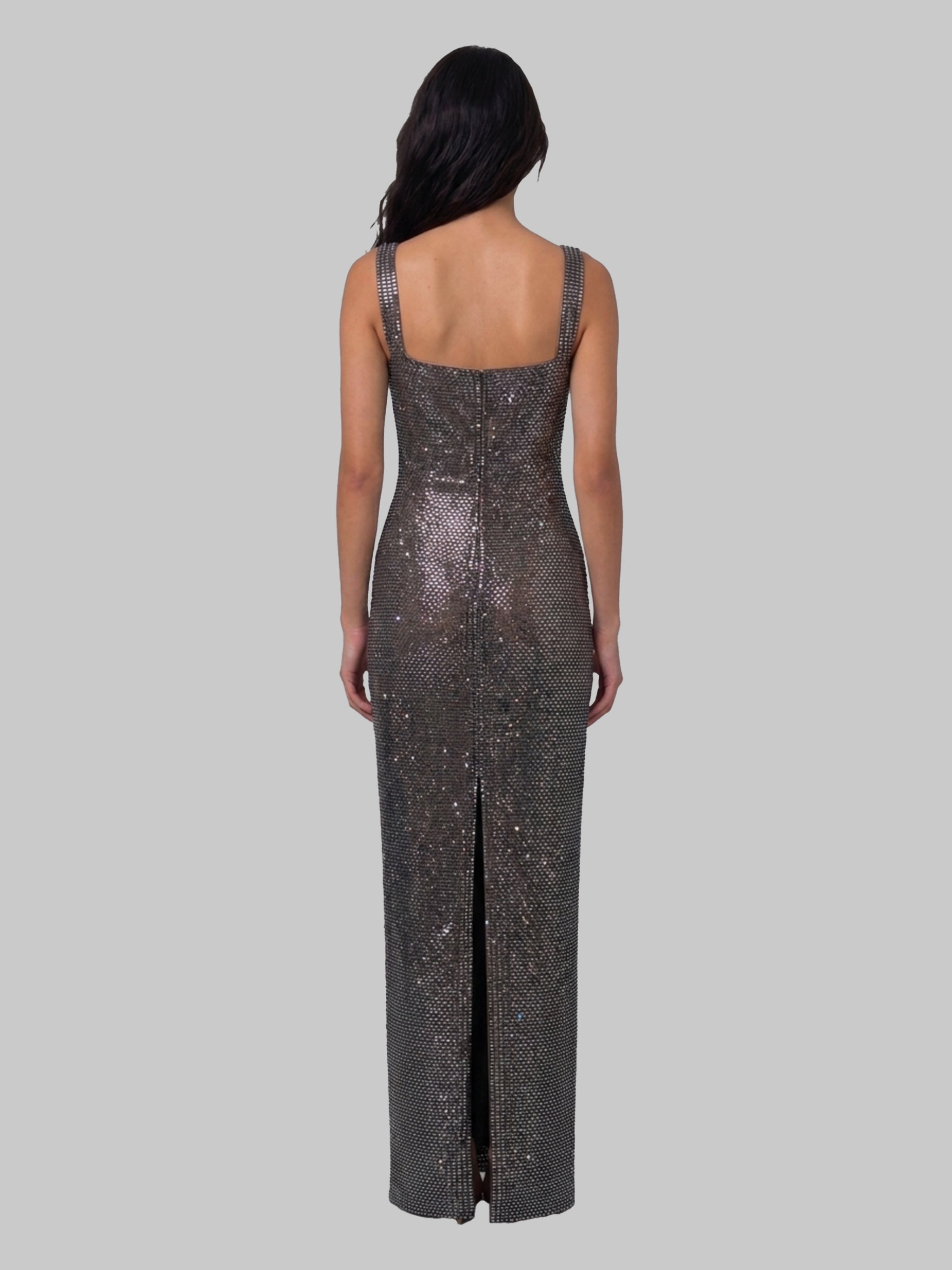 gunmetal square maxi dress with rhinestones