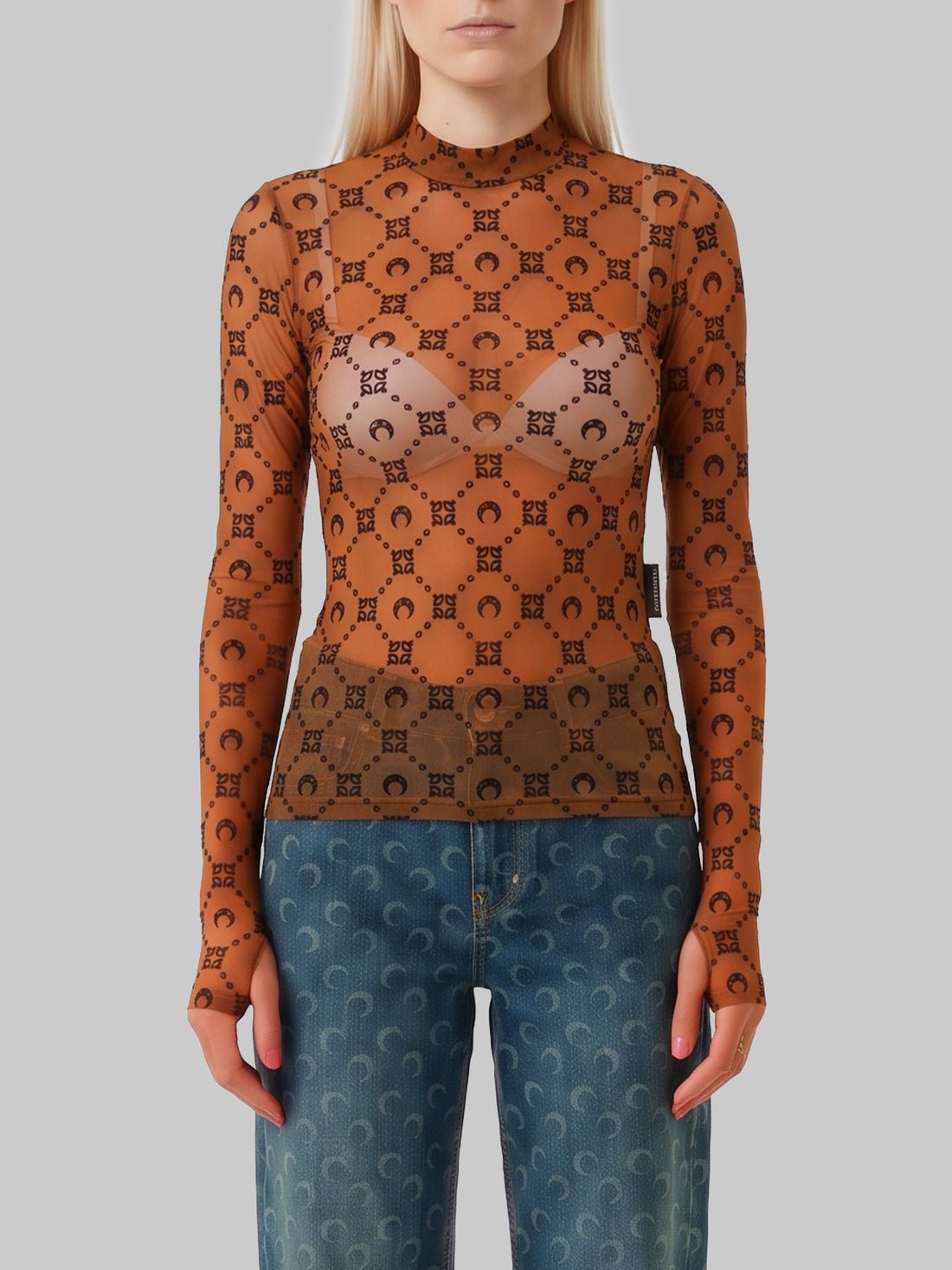 MARINE SERRE M monogram mesh flock second skin top 