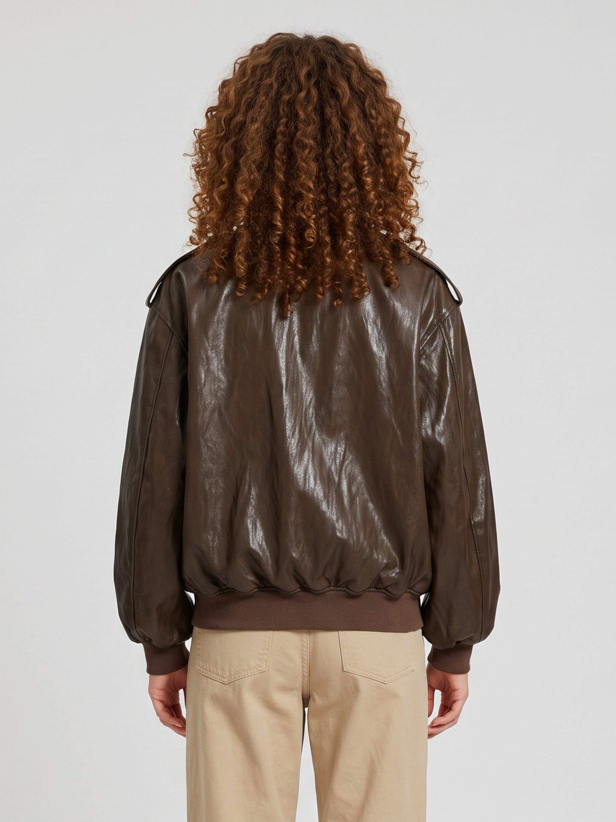 brown laminated faux leather bomber jacket