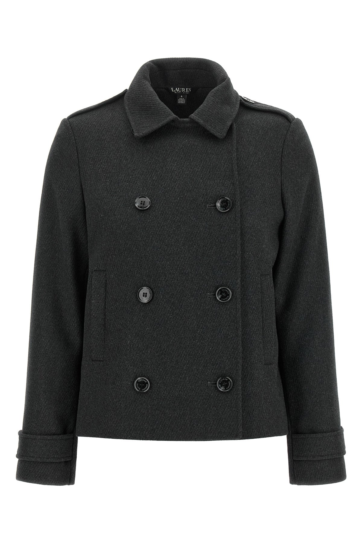 the lauren ralph lauren double-breasted short coat defines a rigorous silhouette