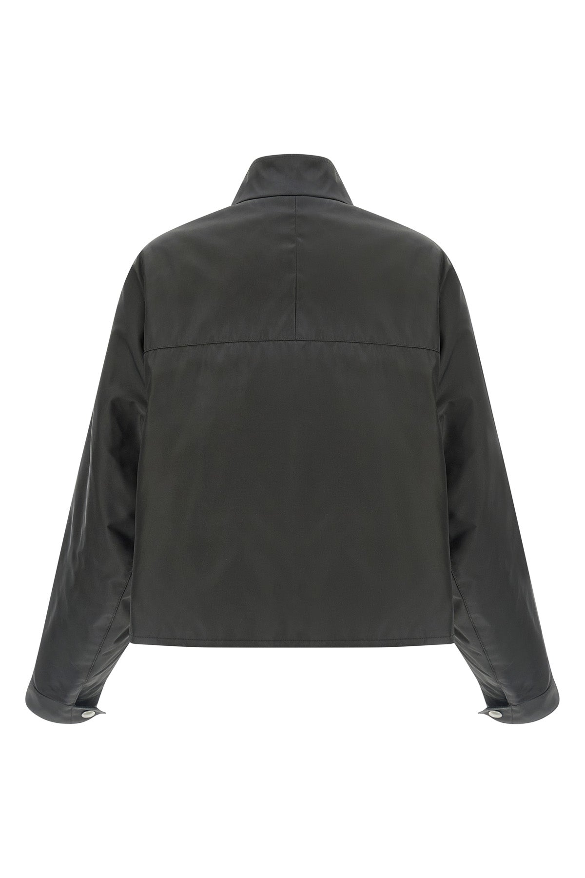 the prada jacket in structured technical fabric redefines the volumes of contemp