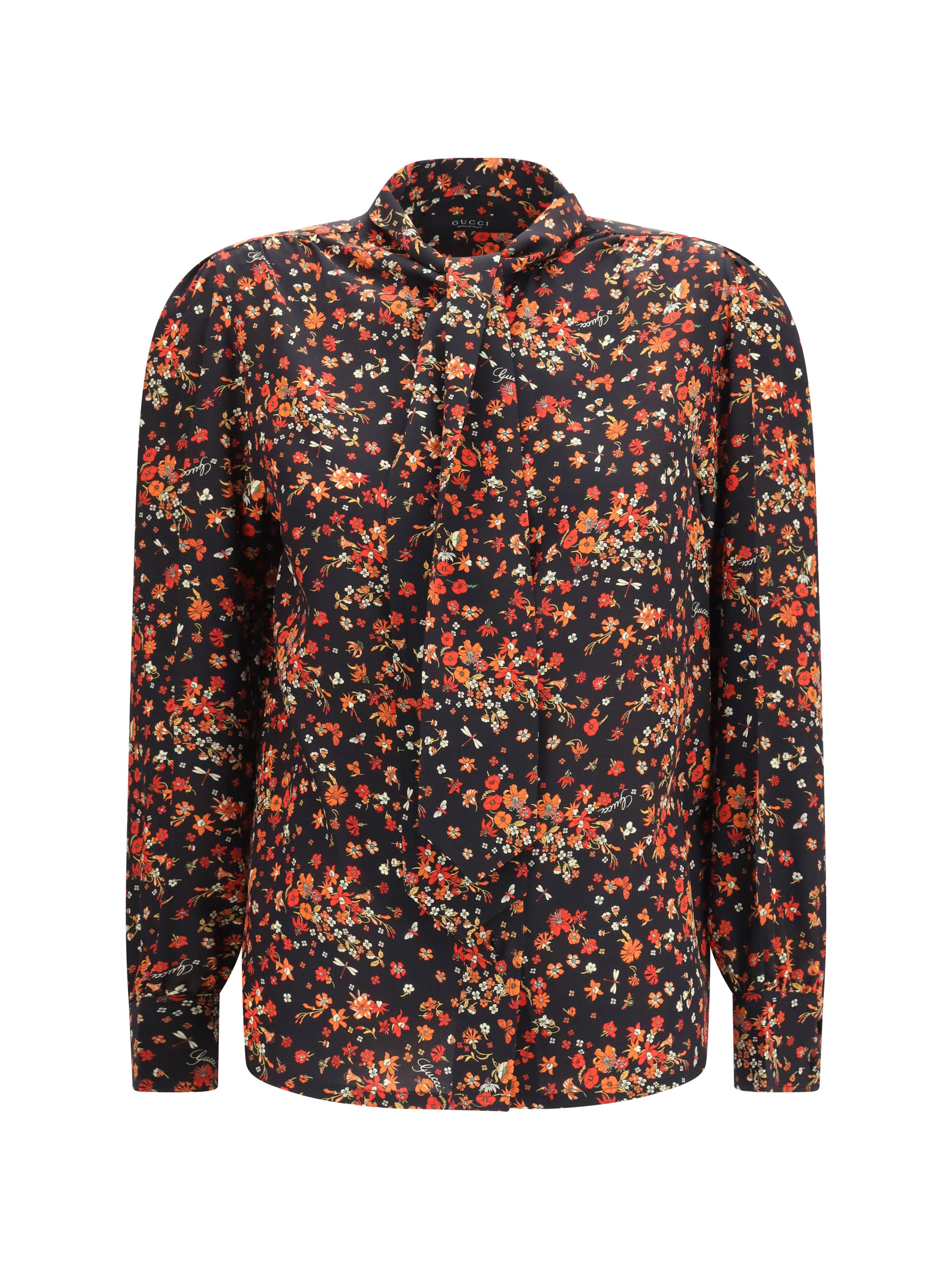 silk flora print shirt with neck bow