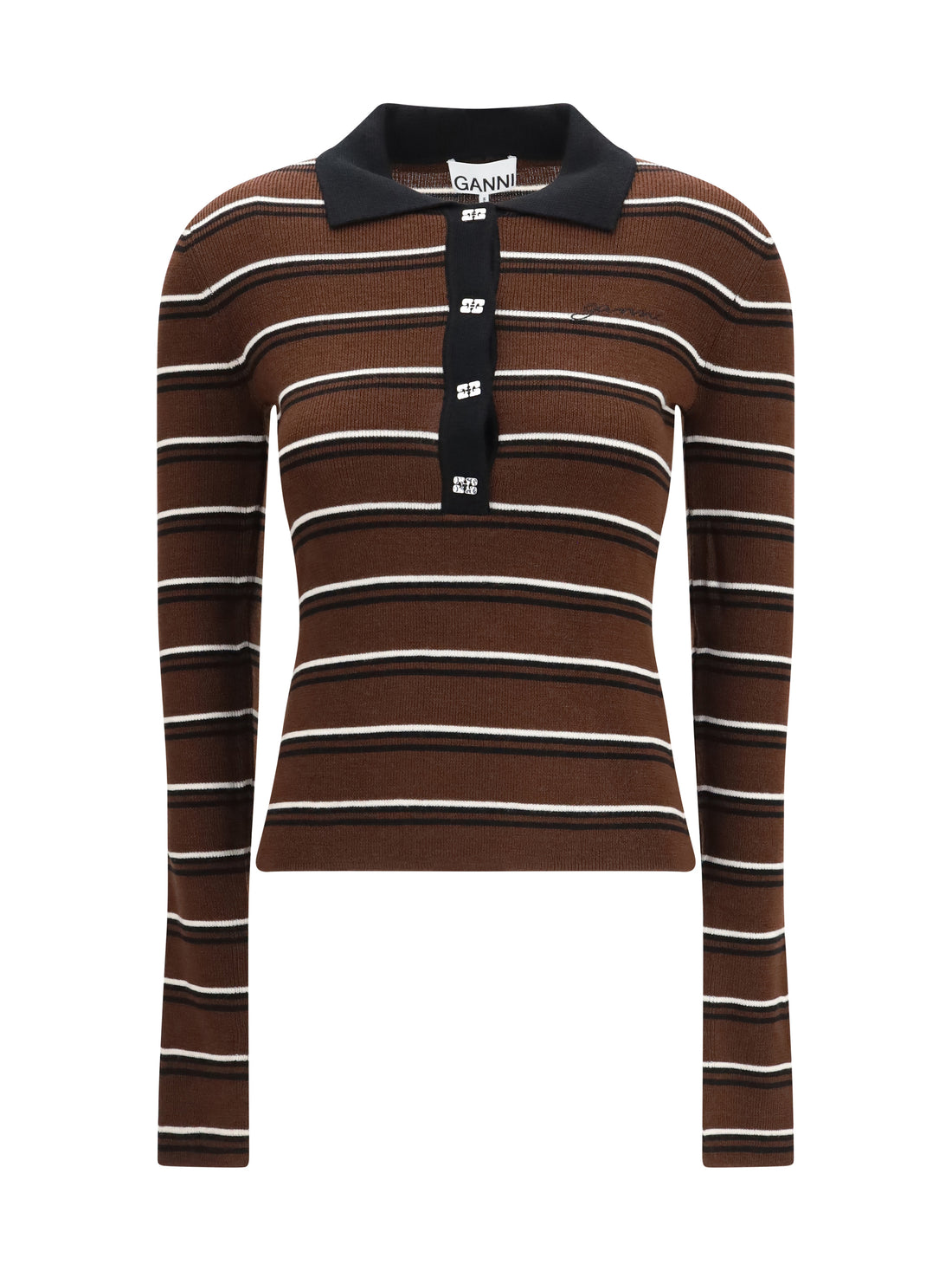 GANNI L striped merino polo shirt