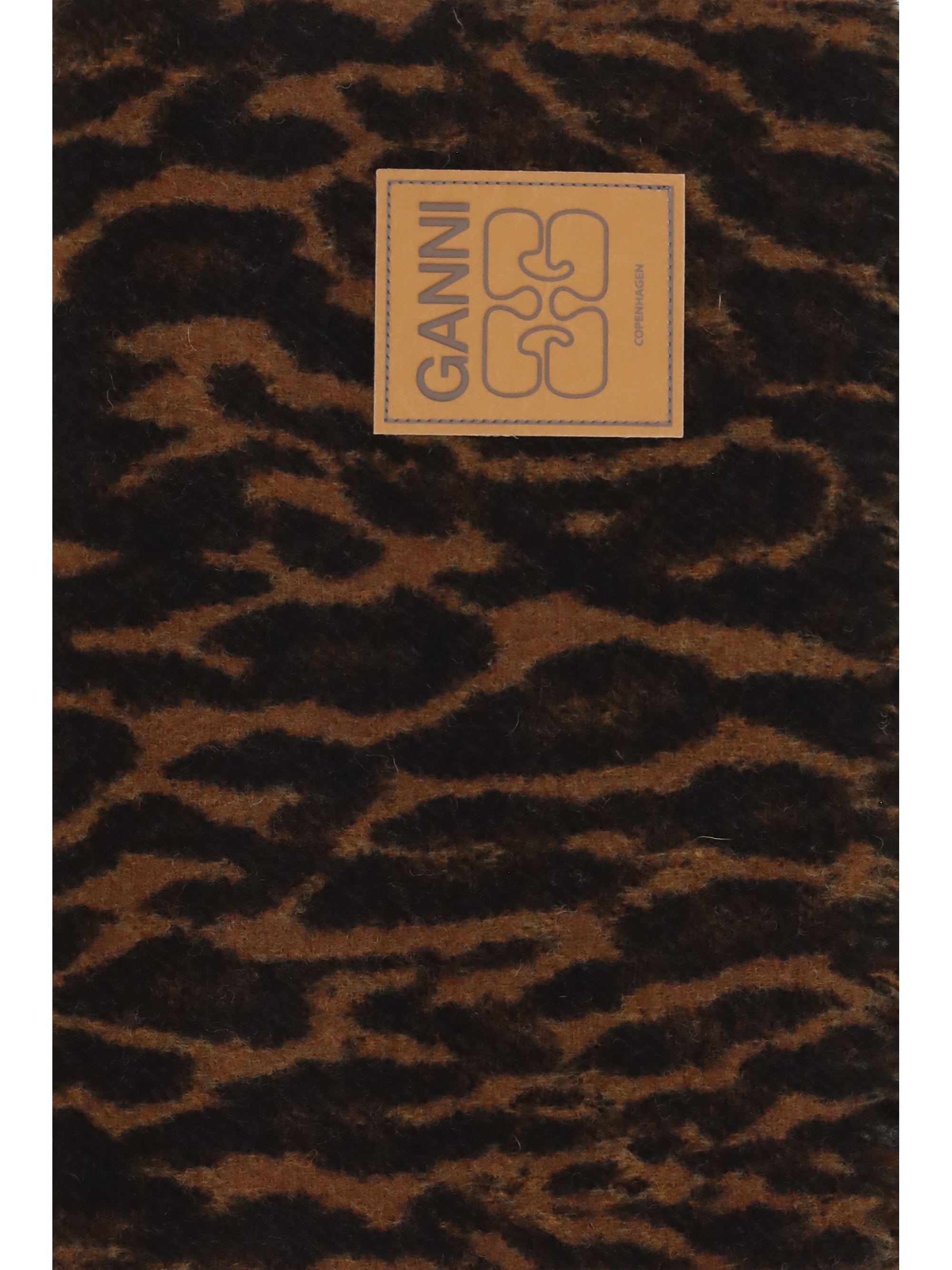 leopard print wool scarf with logo and fringes