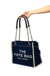 the denim chain medium tote shoulder bag in cotton denim