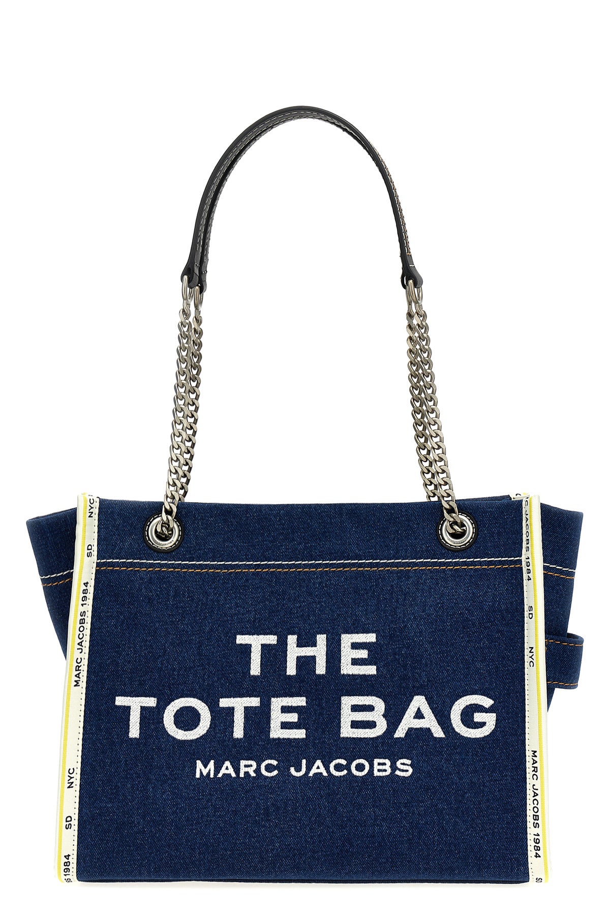 the denim chain medium tote shoulder bag in cotton denim