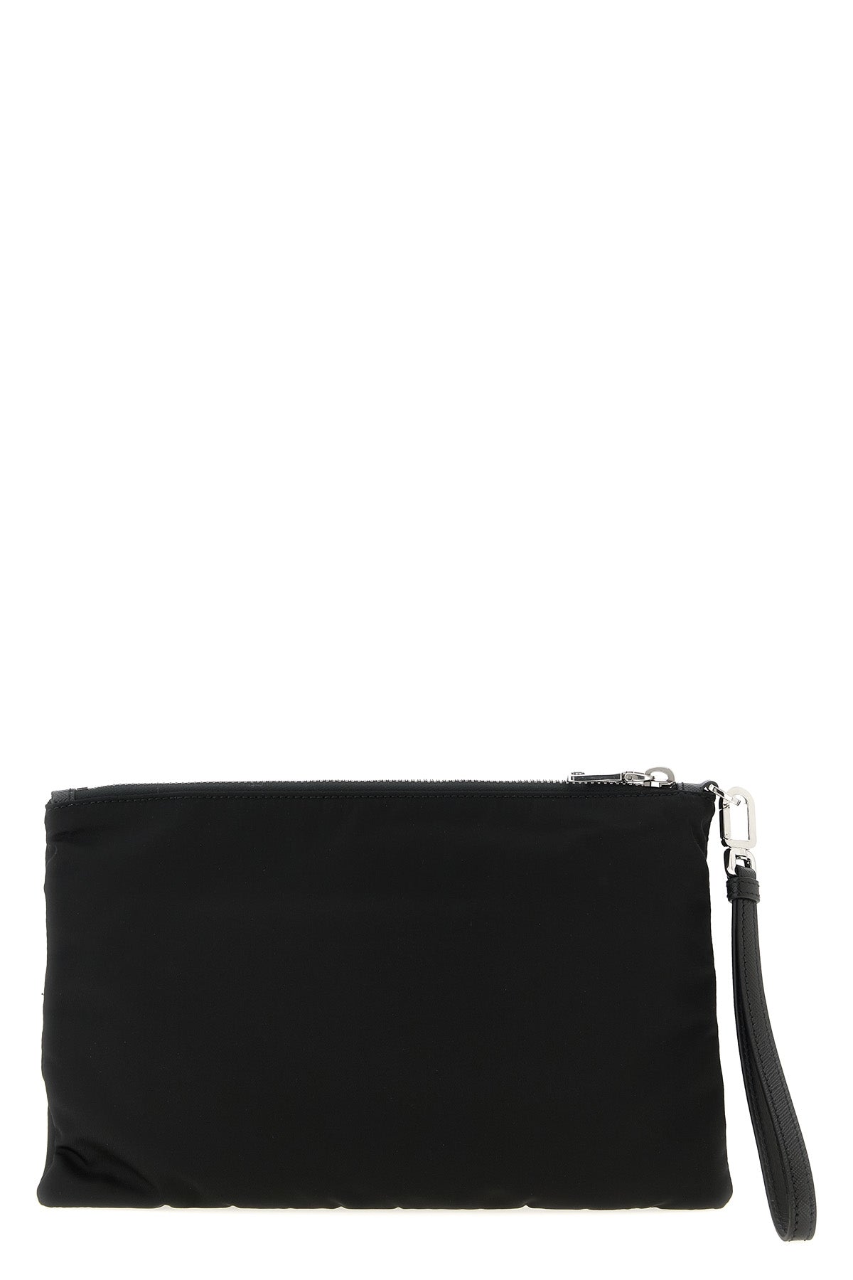 pochette in re-nylon con applicazione logo triangolo in metallo smaltato frontal