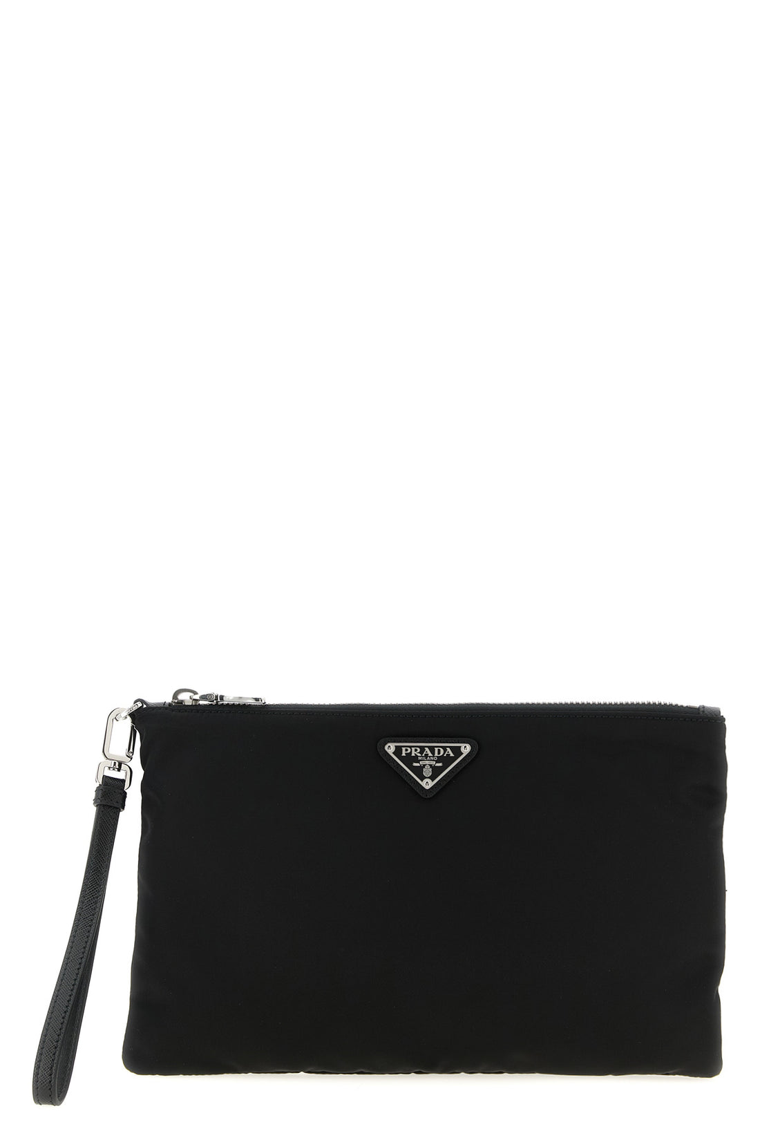 PRADA OS pochette in re-nylon con applicazione logo triangolo in metallo smaltato frontal
