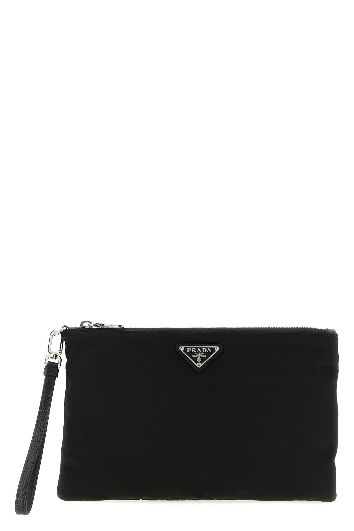pochette in re-nylon con applicazione logo triangolo in metallo smaltato frontal