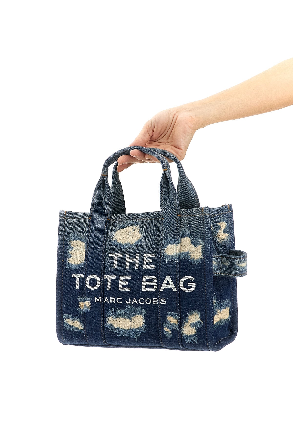 the rip and repair denim small tote shopping bag in used-effect cotton denim