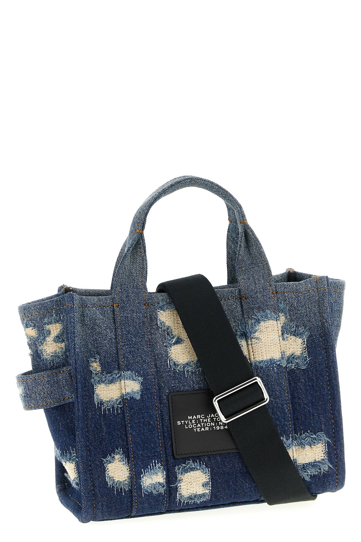 the rip and repair denim small tote shopping bag in used-effect cotton denim