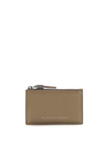 BRUNELLO CUCINELLI OS leather card holder with grain and shiny zipper pull