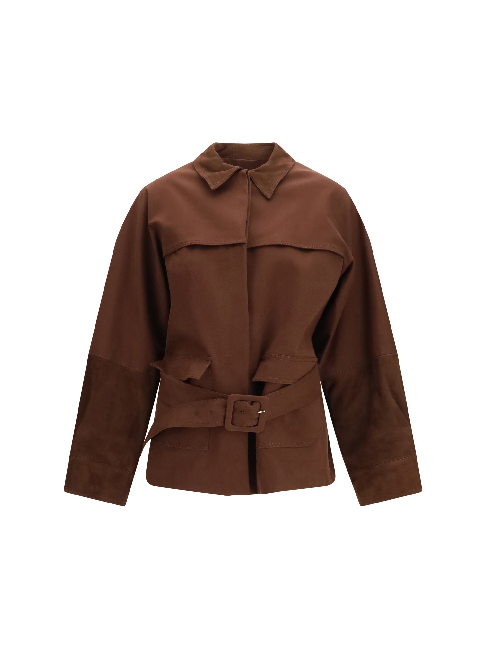 short jacket with belt and suede details