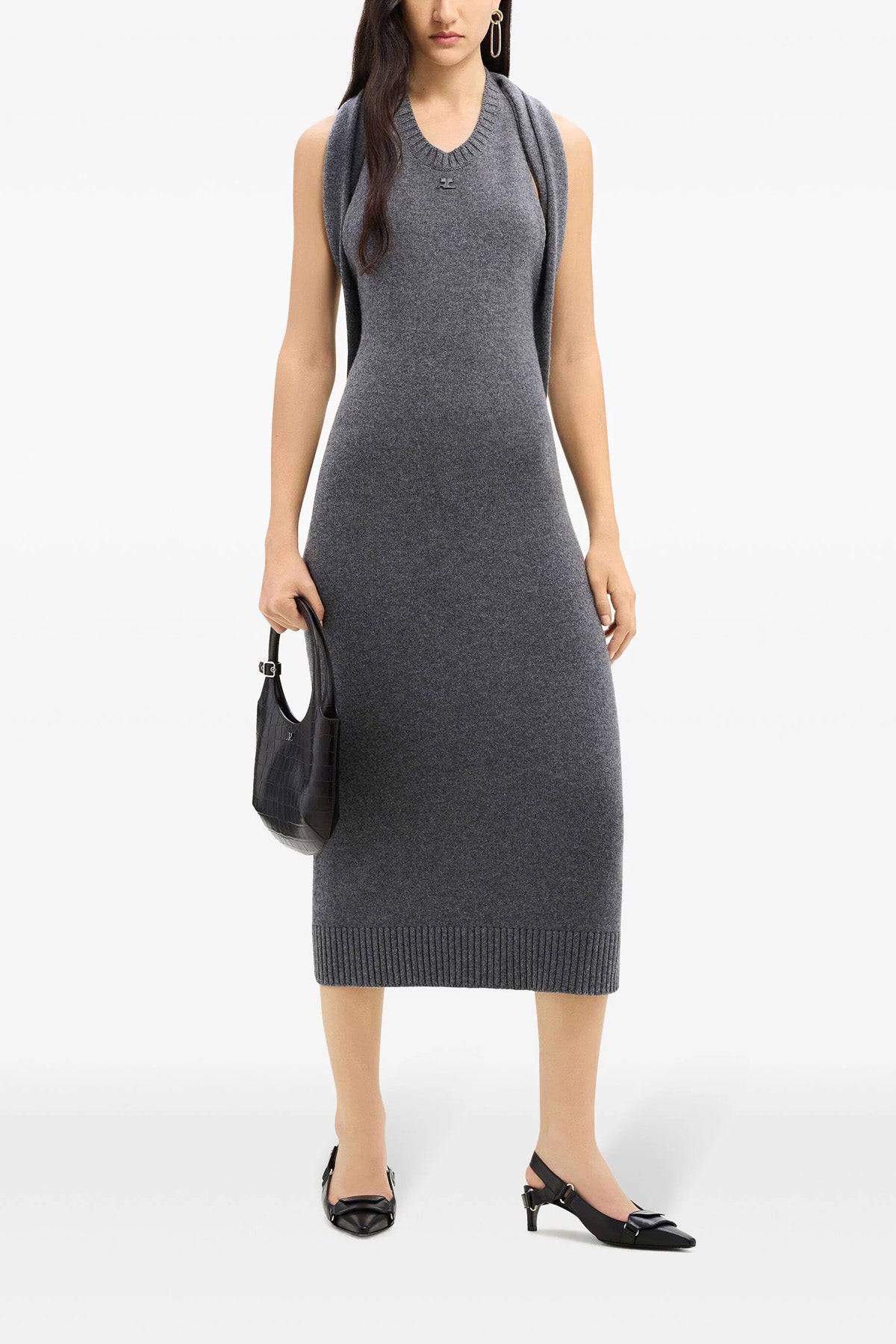 over the shoulder drapè wool dress