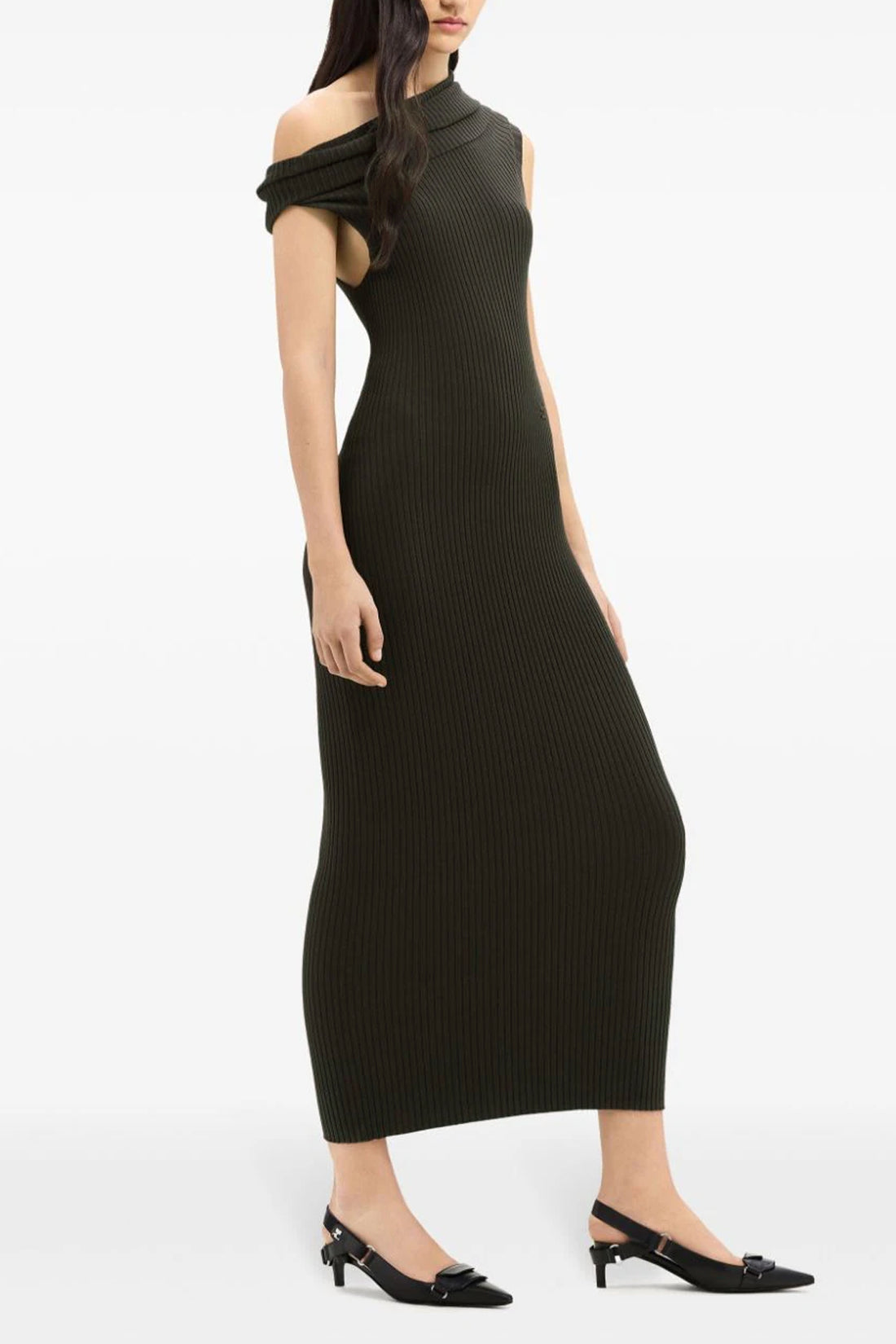COURRÈGES L twist rib knit long sleeveless one-shoulder dress in ribbed viscose blend