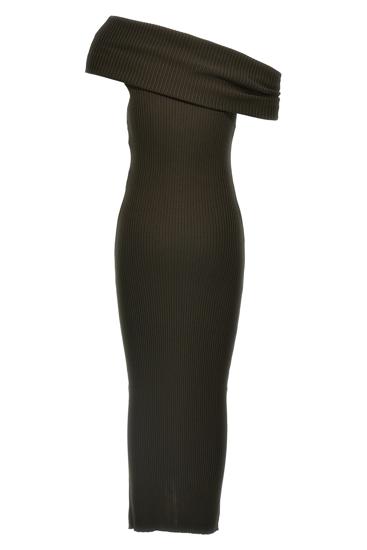 twist rib knit long sleeveless one-shoulder dress in ribbed viscose blend
