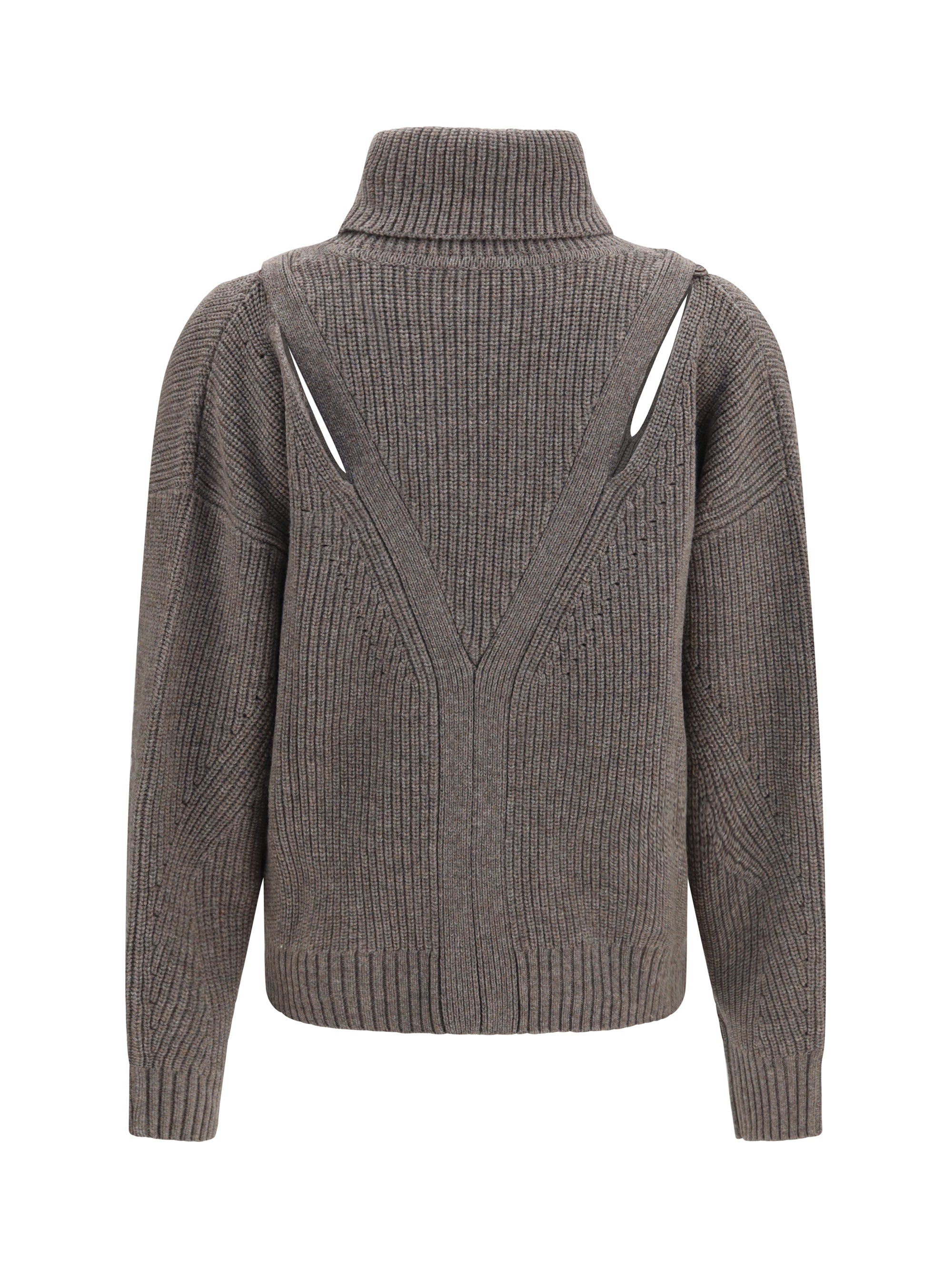 high-neck sweater with perforated shoulders