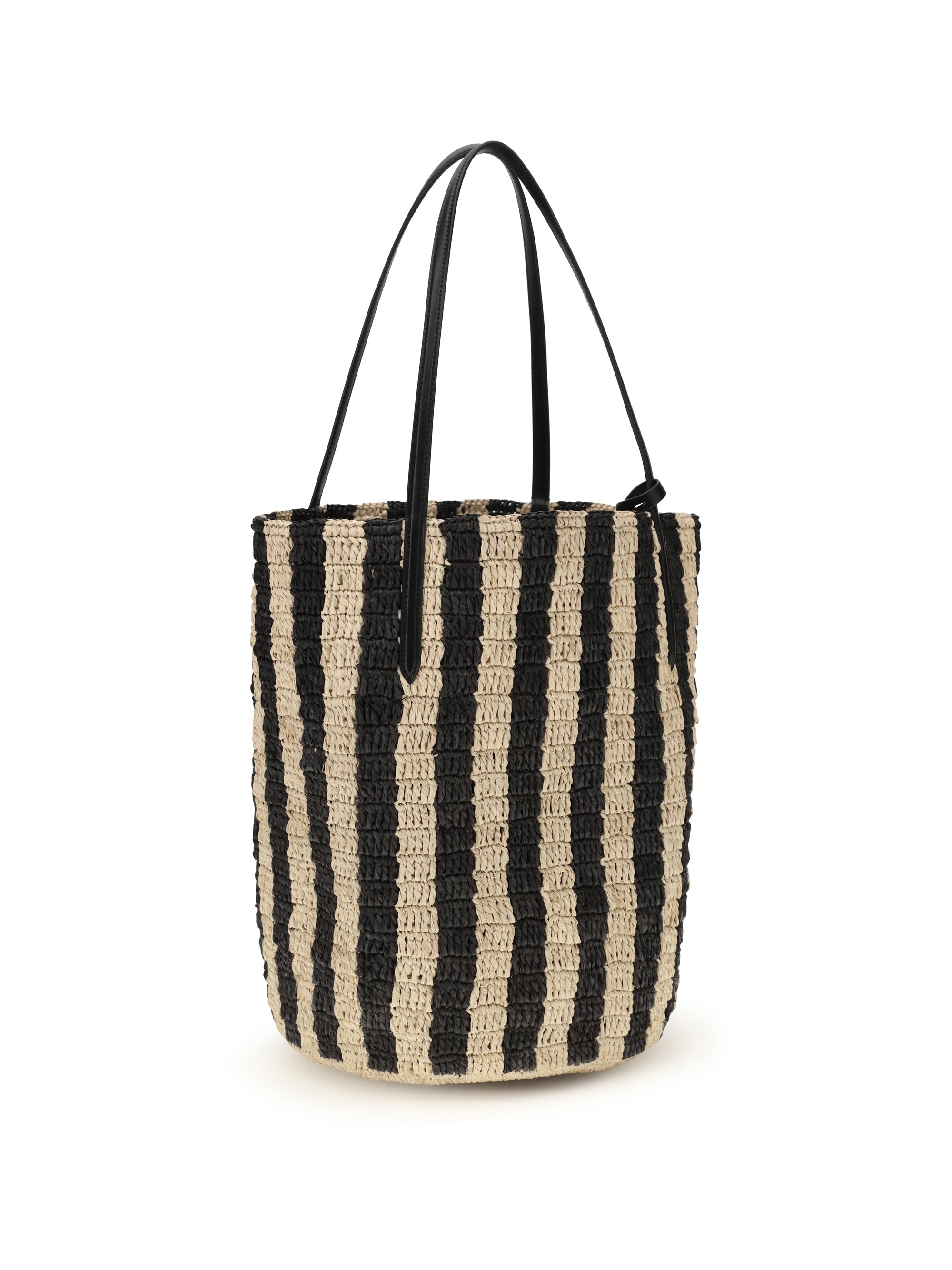 striped raffia bucket bag