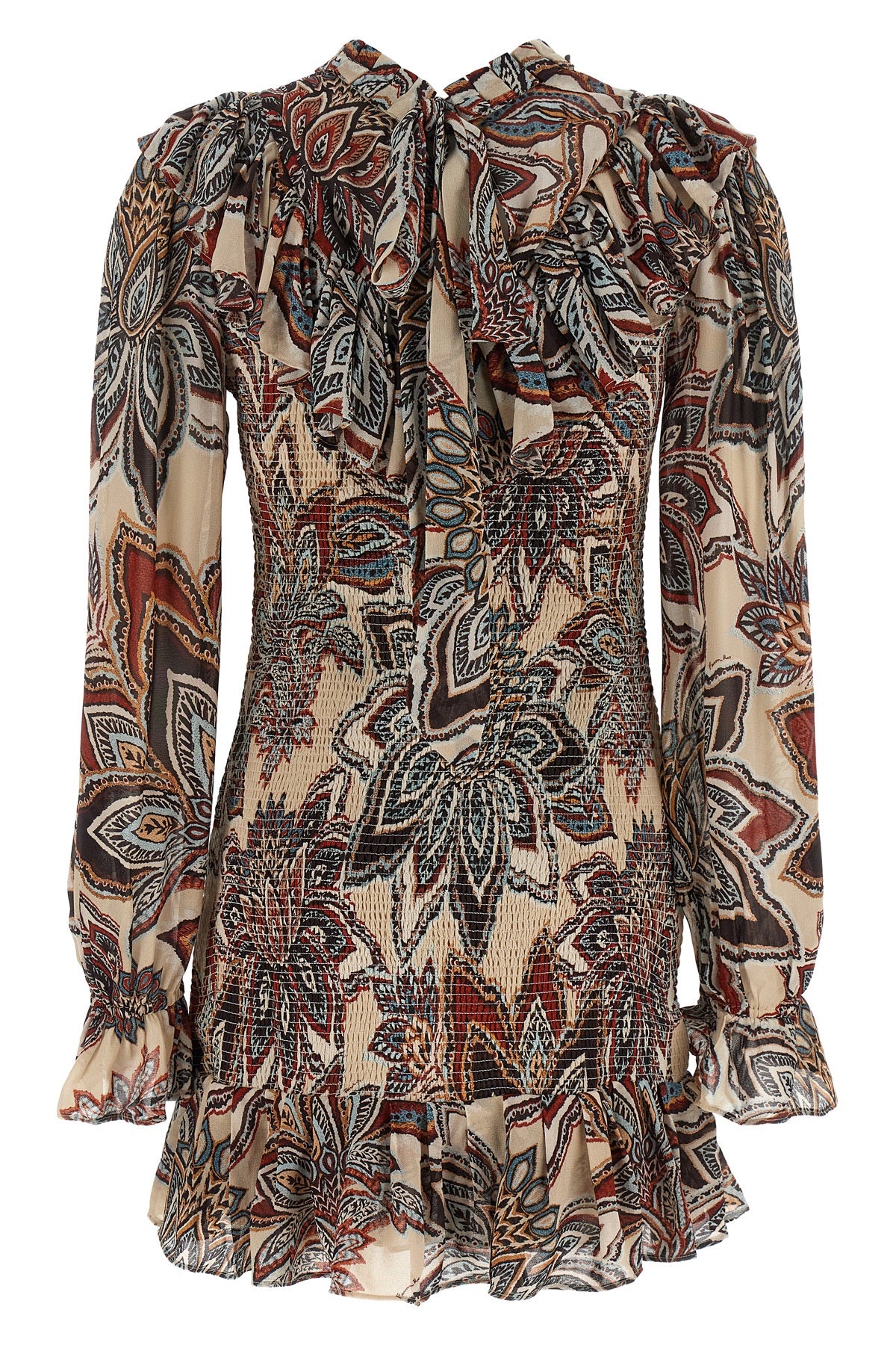 the farm rio mini dress defines the silhouette through a complex smock stitch th