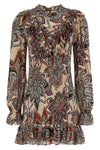 the farm rio mini dress defines the silhouette through a complex smock stitch th