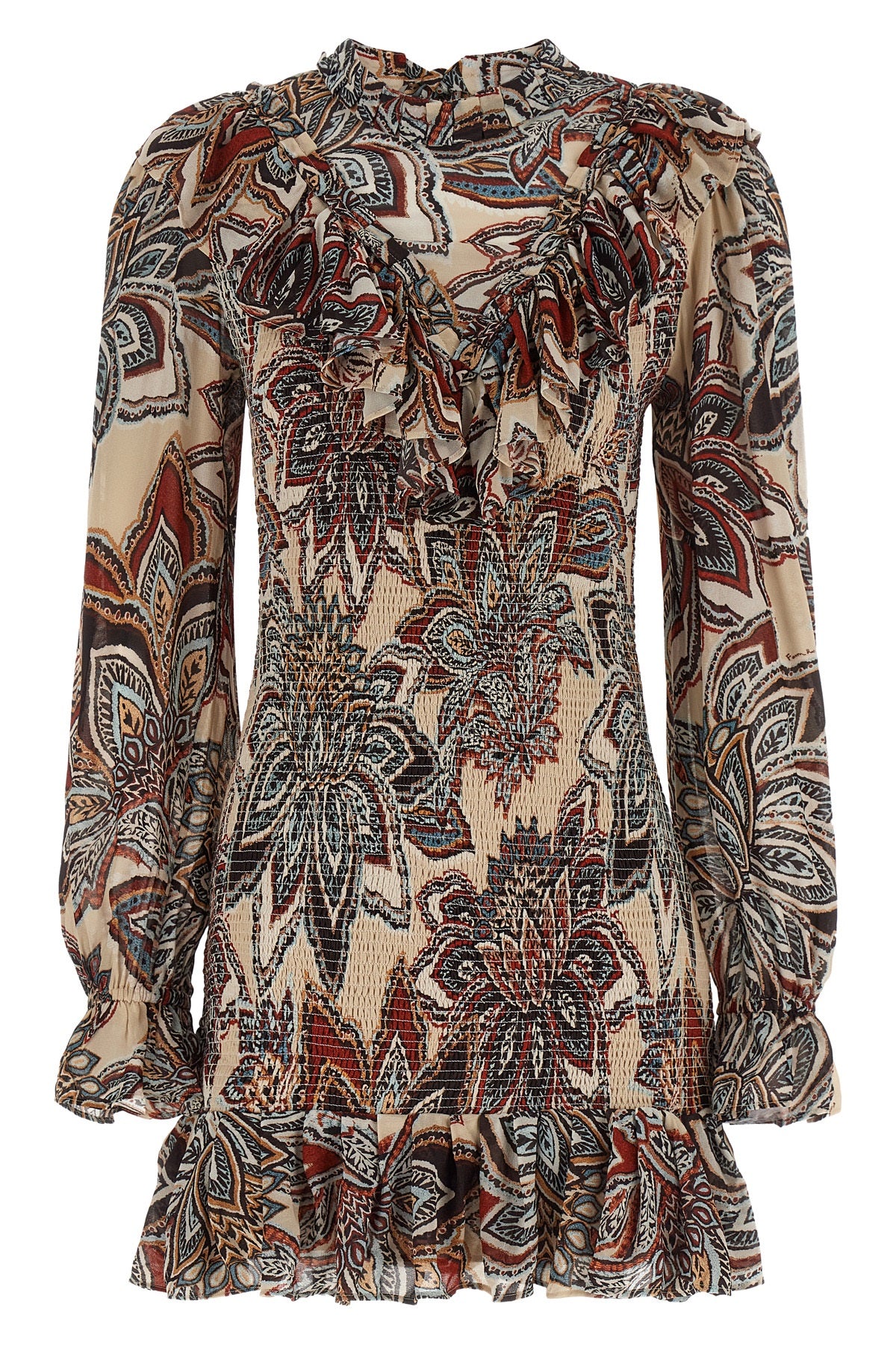 the farm rio mini dress defines the silhouette through a complex smock stitch th