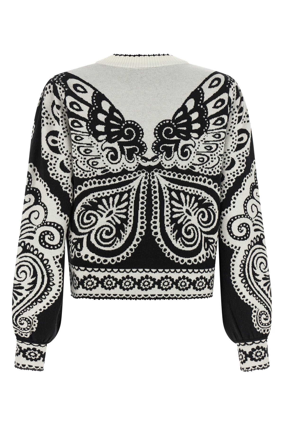 the farm rio arabesque cardigan is distinguished by a complex two-tone jacquar