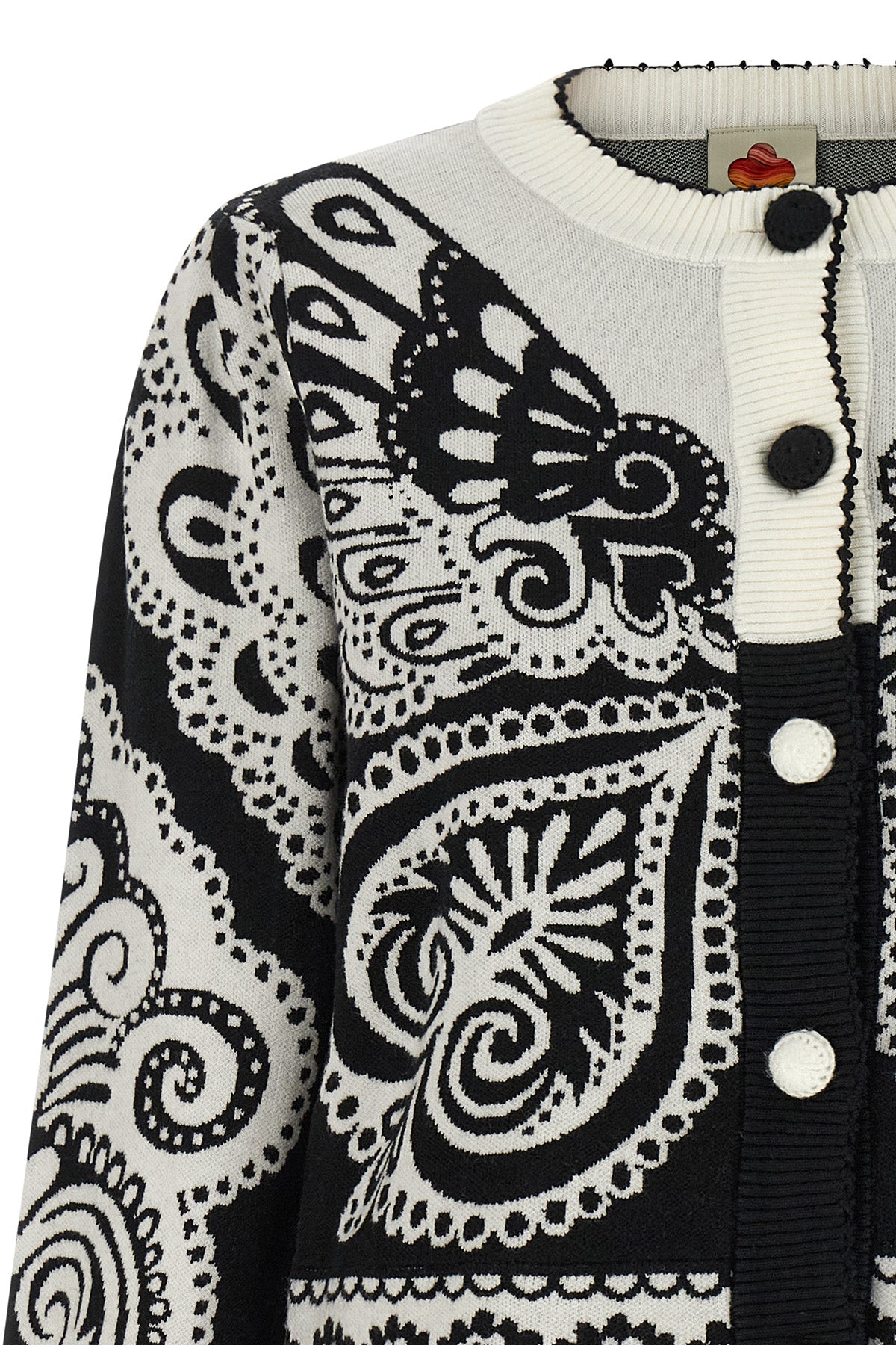 the farm rio arabesque cardigan is distinguished by a complex two-tone jacquar
