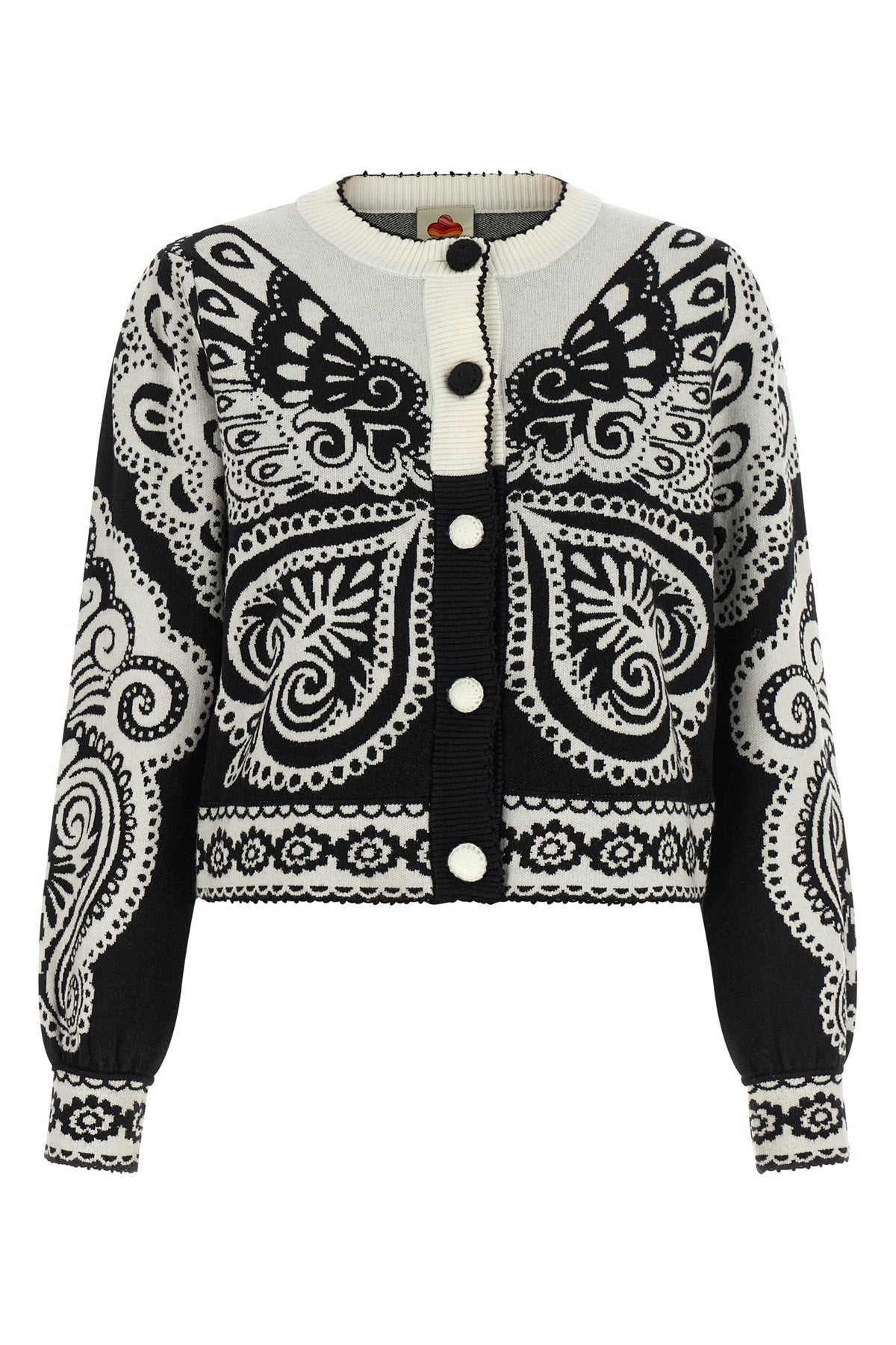 the farm rio arabesque cardigan is distinguished by a complex two-tone jacquar