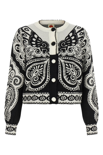 the farm rio arabesque cardigan is distinguished by a complex two-tone jacquar