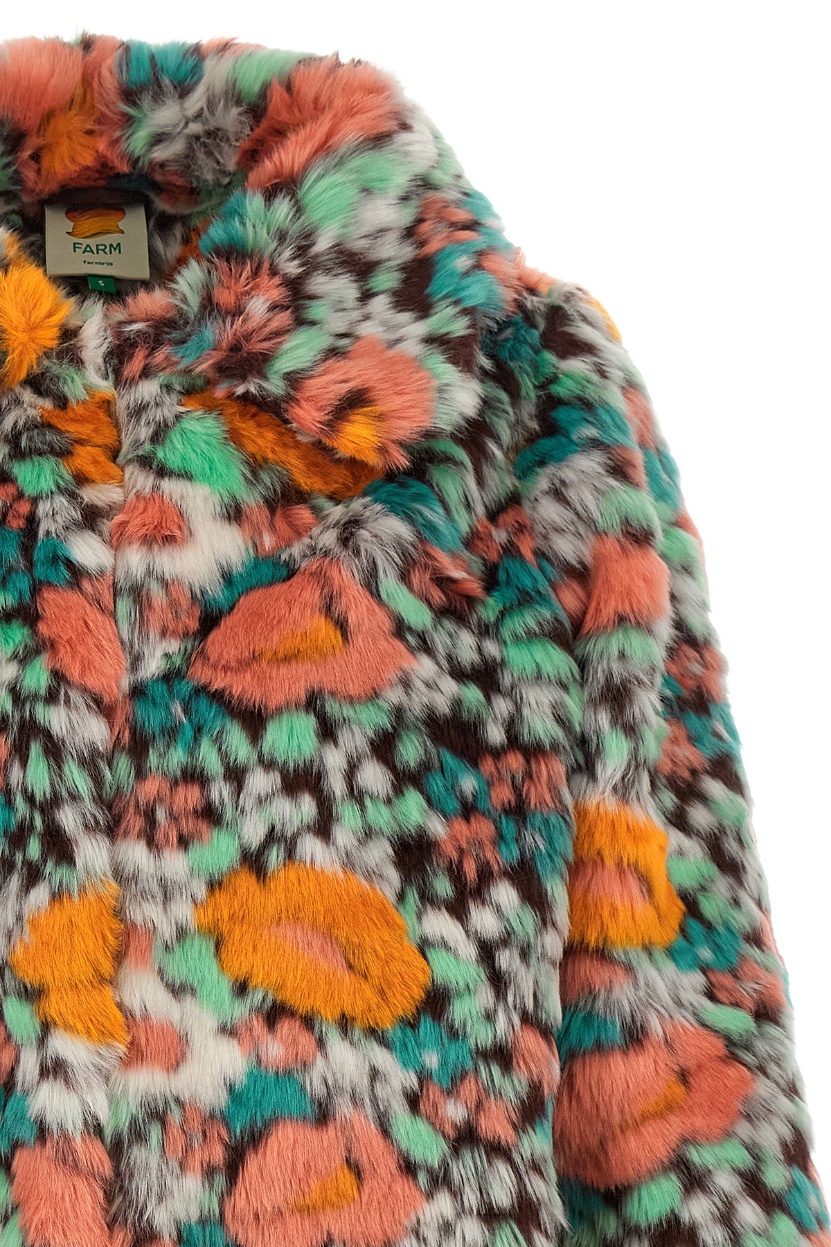 the farm rio jacket is distinguished by a voluminous silhouette in soft faux fur