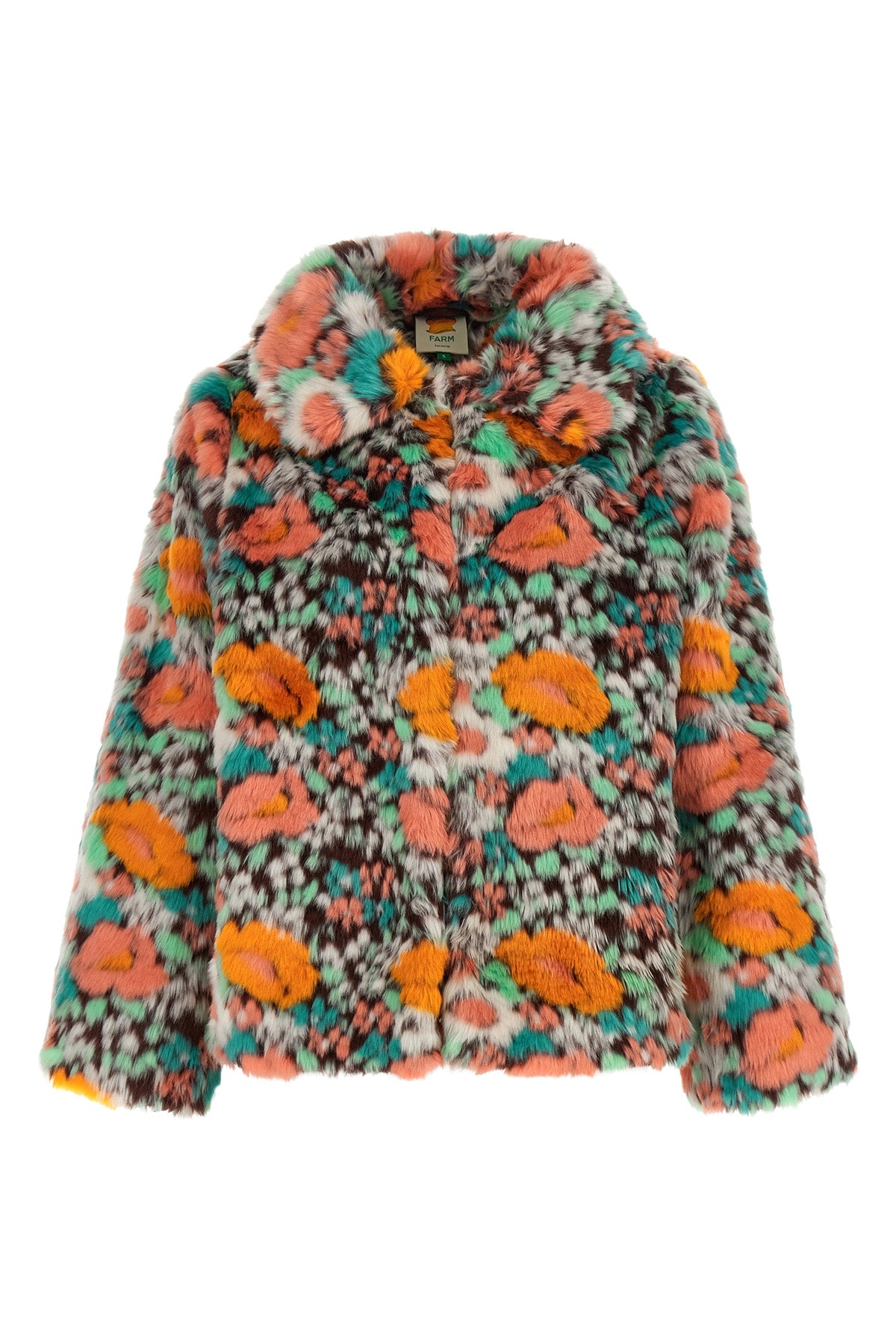 the farm rio jacket is distinguished by a voluminous silhouette in soft faux fur