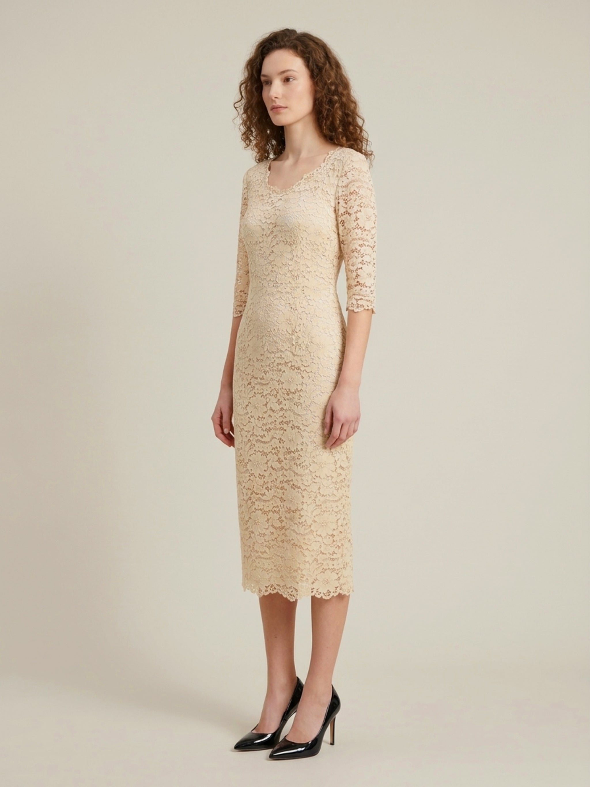 white lace midi sheath dress
