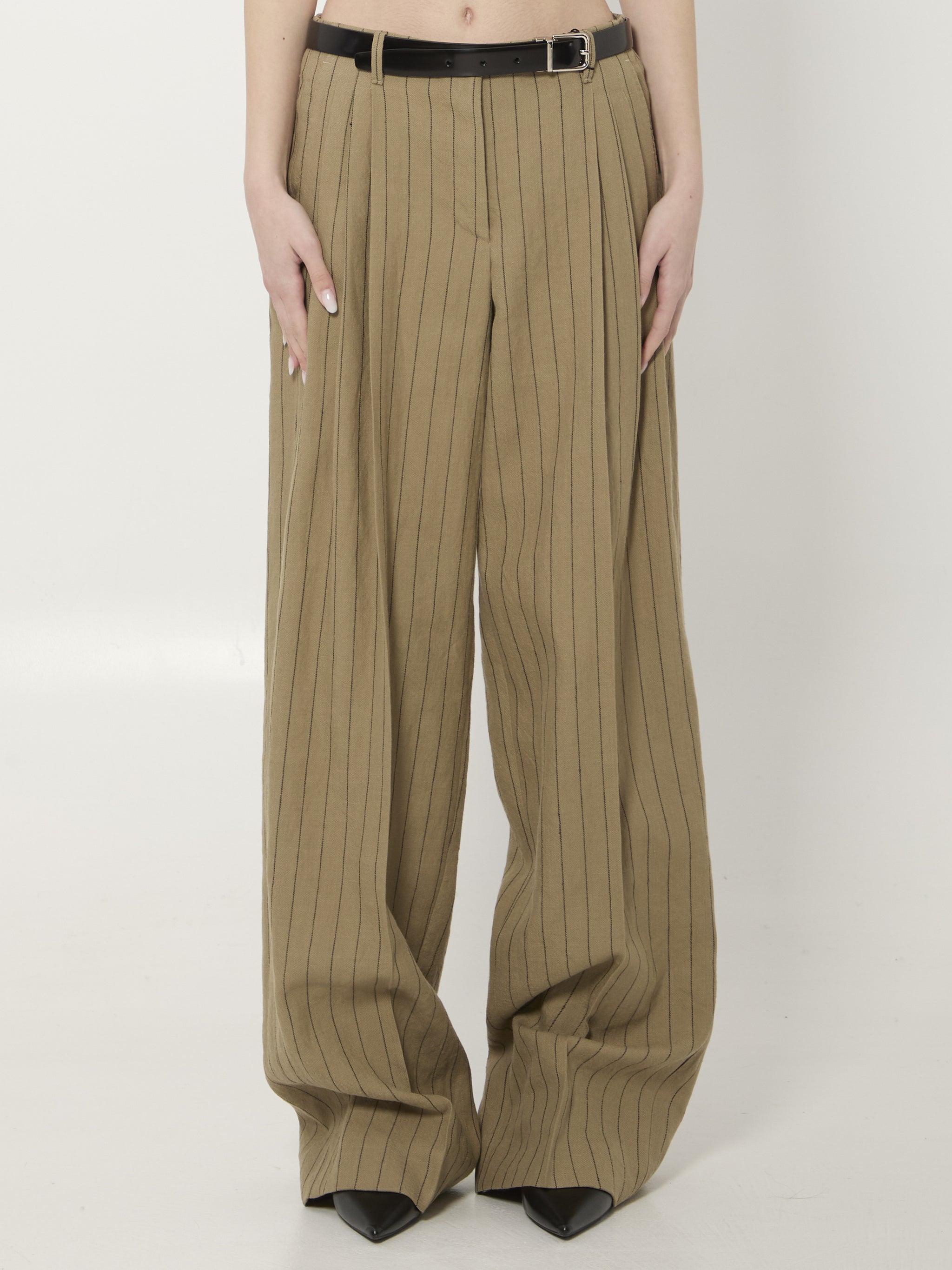 pinstriped virgin wool and linen trousers