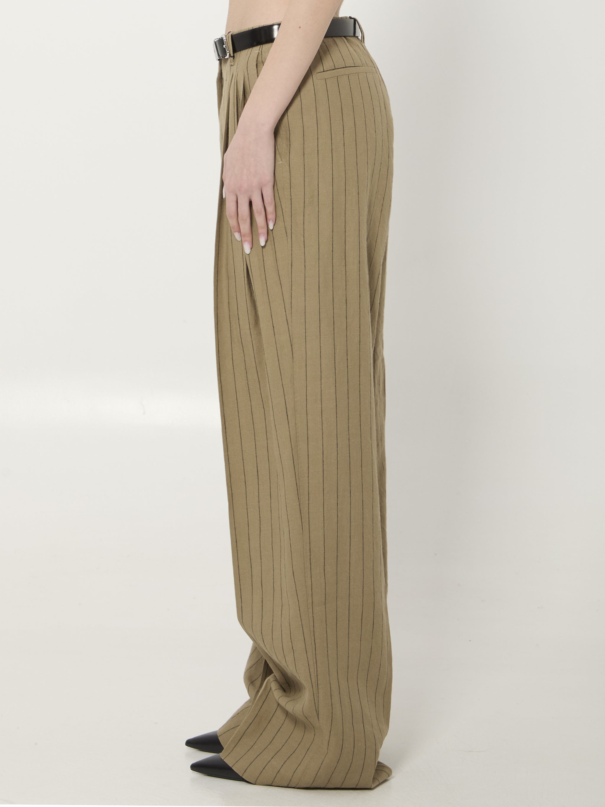 pinstriped virgin wool and linen trousers
