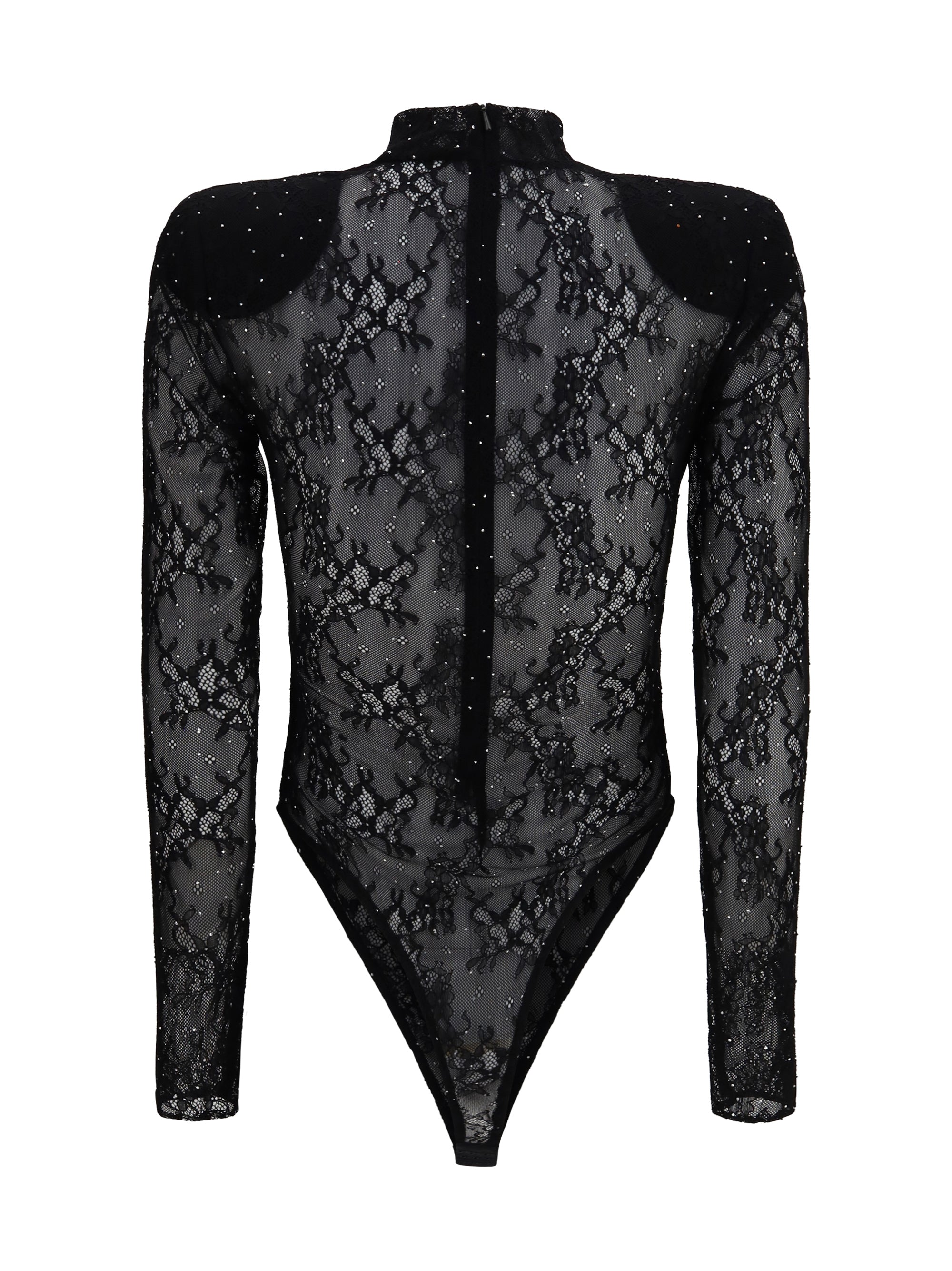 long-sleeve lace and rhinestone bodysuit